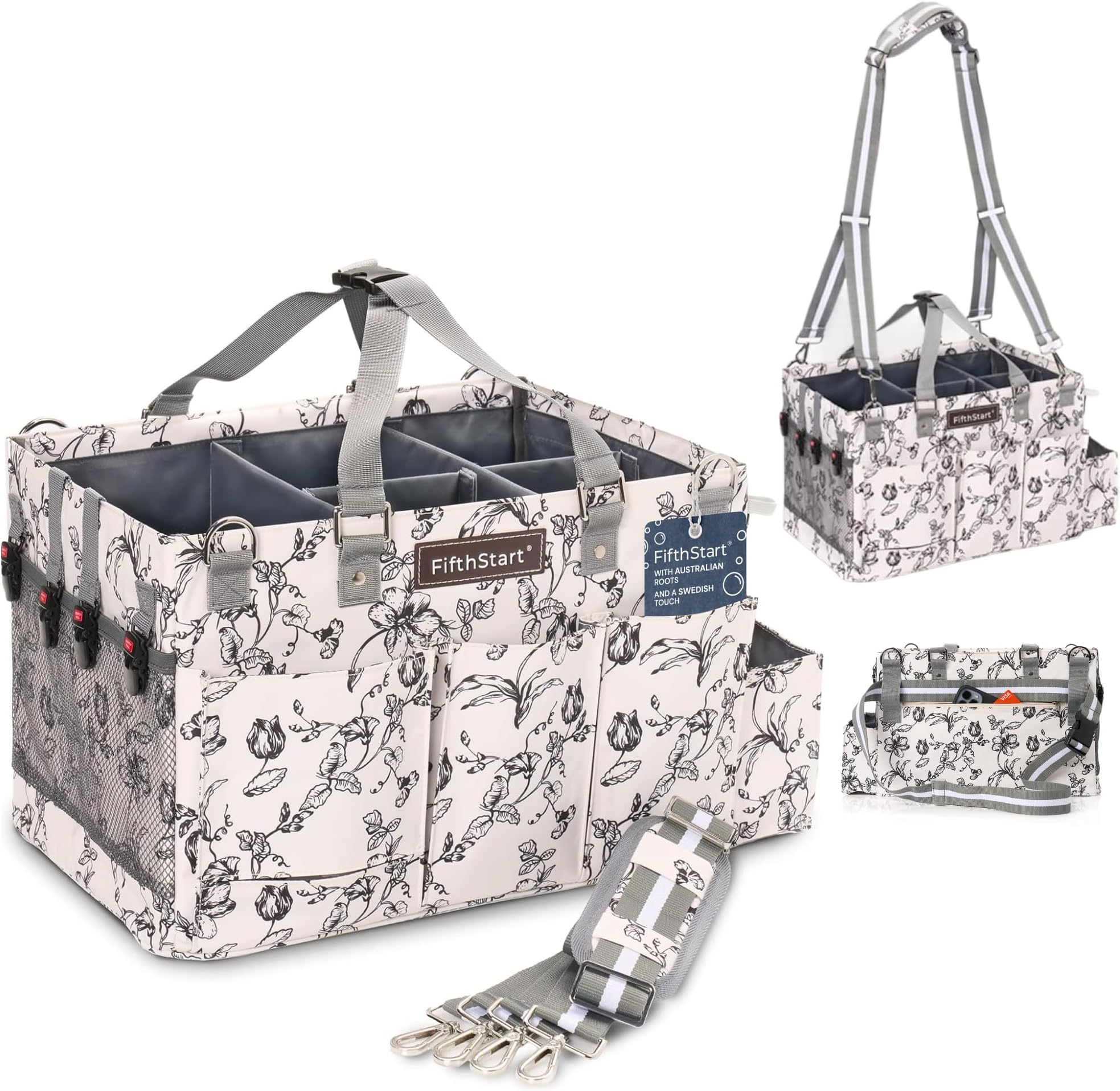 FifthStart Wearable Cleaning Caddy with Handle Caddy Organizer for Cleaning Supplies with Shoulder and Waist Straps, Car Organizer, Under Sink Organizer: (Beige Floral, Small)