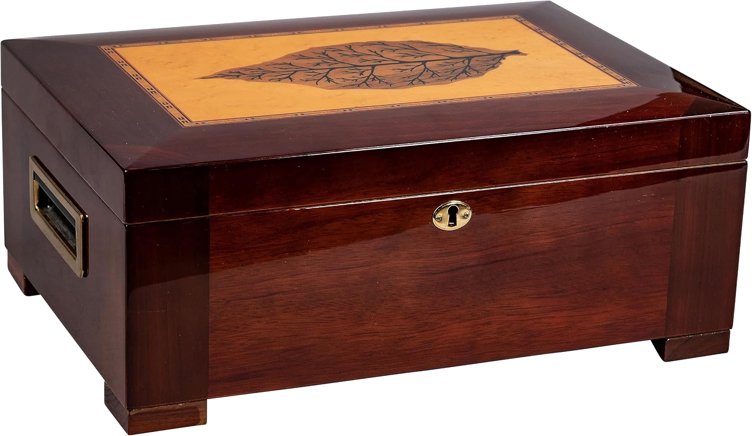 Prestige Import Group 150 Capacity Stetson Inlay Design Laid Across Light Mappa Wood Cigar Humidor with - High Gloss Dark Burl Finish