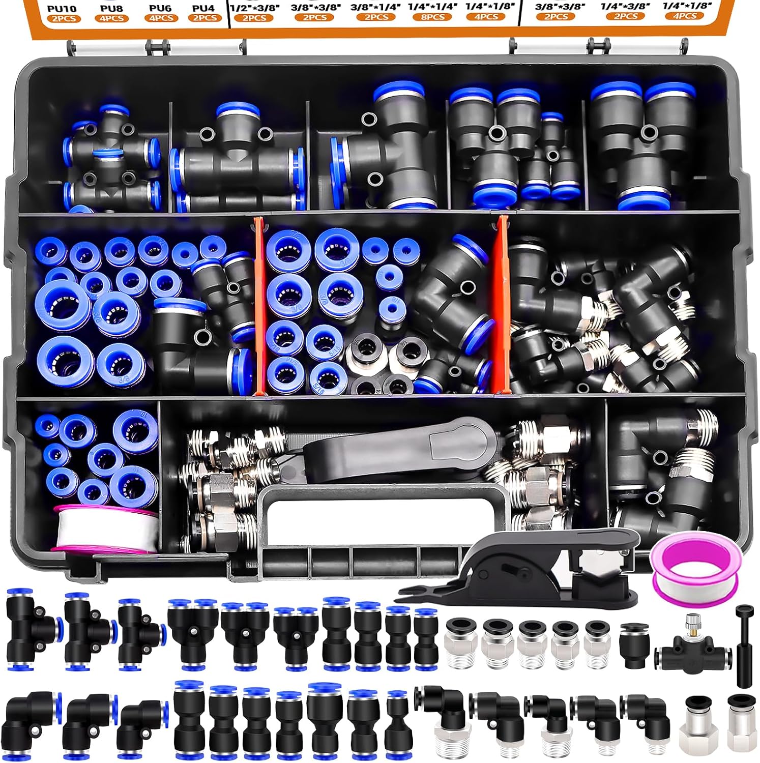 mankk 116PCS Quick Connect Air Hose Fittings Kit 35 Sizes 1/8" 1/4" 5/16 3/8" 1/2",4/6/8/10mm Push to Connect Fittings Air Line Fittings Quick Release Pneumatic Kit