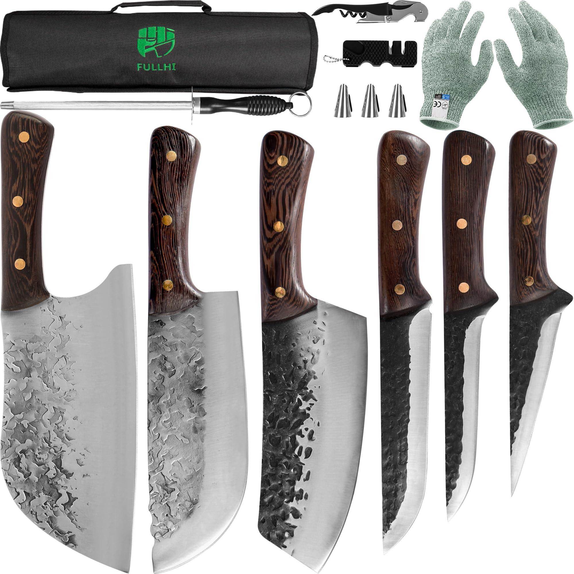 FULLHI Chef/Butcher Fish Knife Set, High Carbon Steel Hand Forged Boning Carving Knife With Knife Roll Bag For Kitchen, Camping, BBQ, 12 PCS