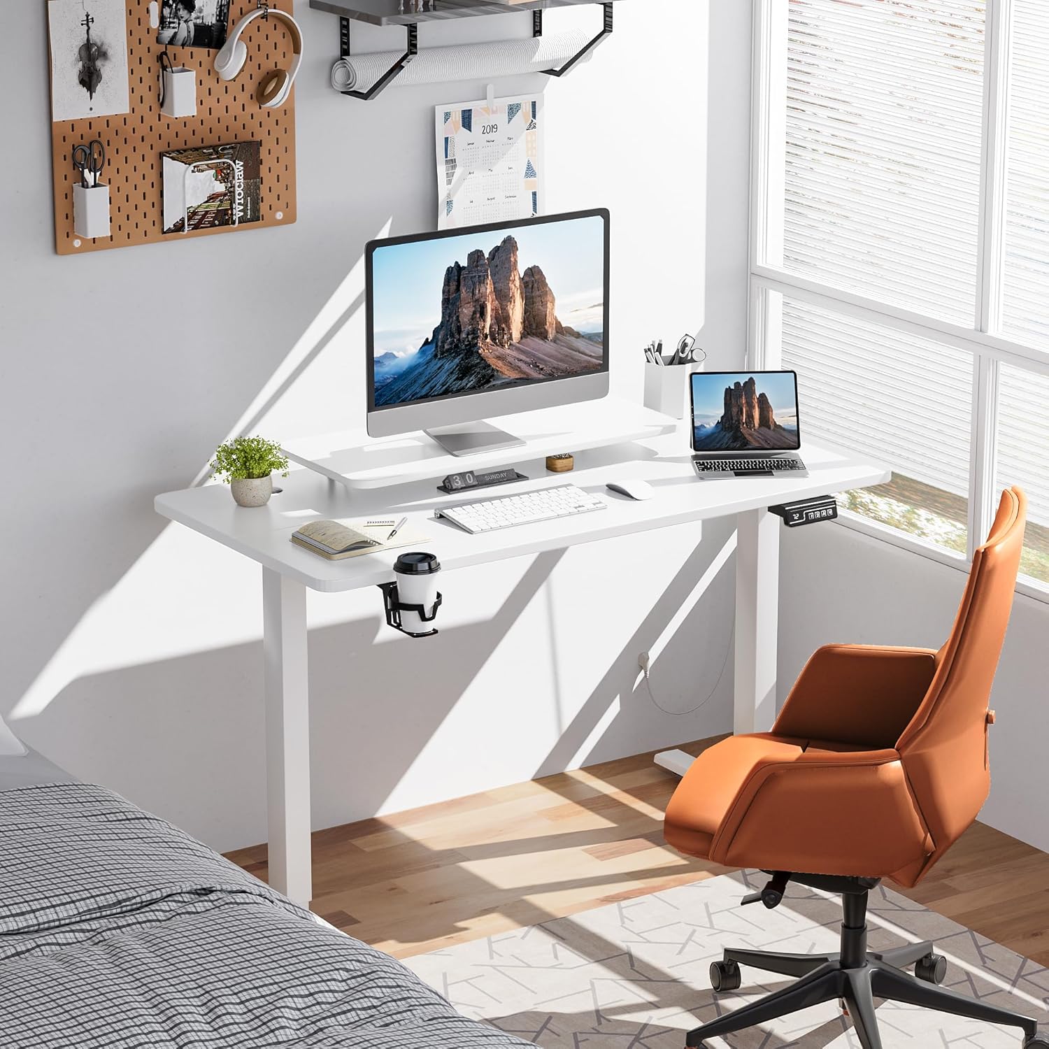 JUMMICO Electric Standing Desk, Adjustable Height Desk 47 x 24 Inch with Monitor Stand, Home Office Computer Desk (White)