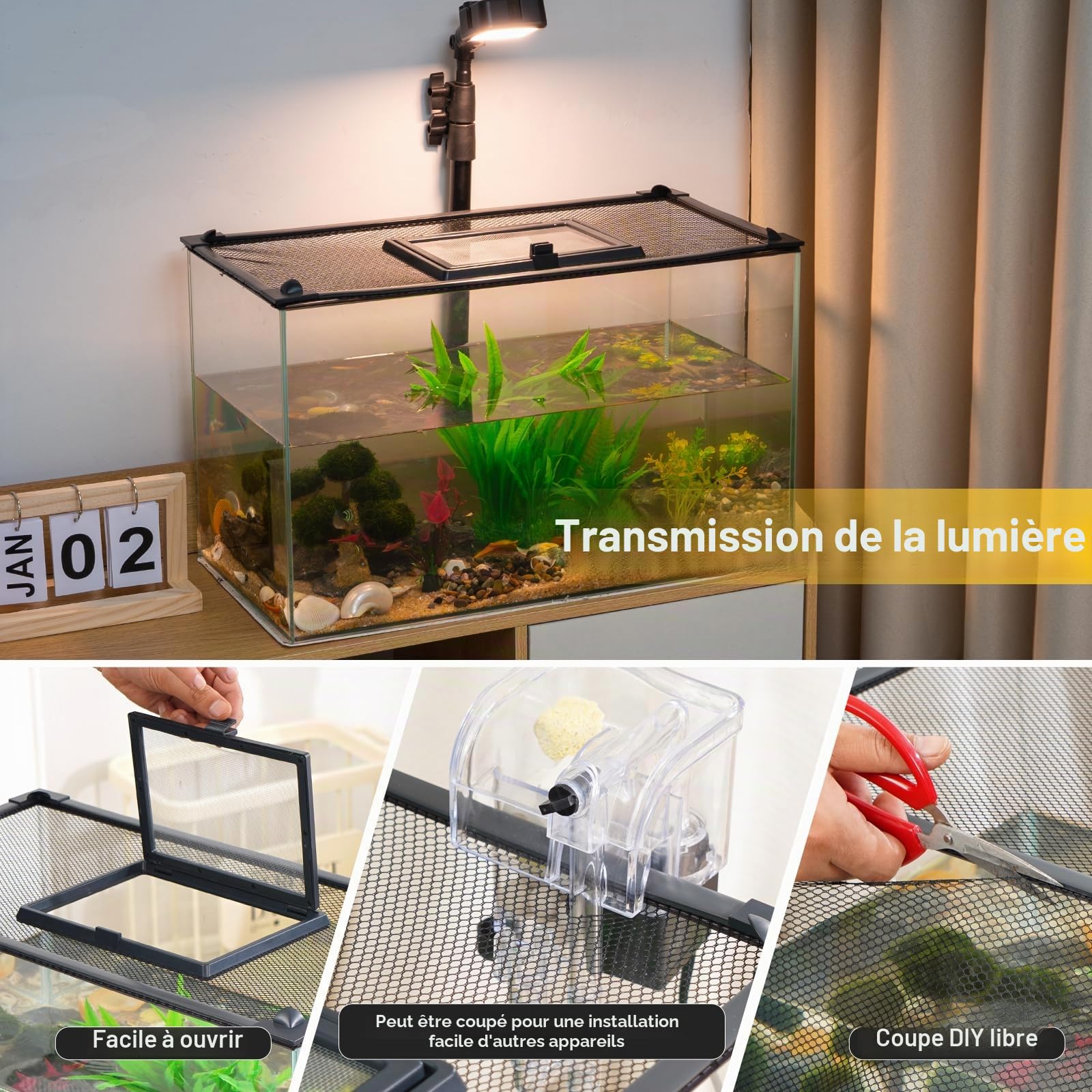 Uross Couvercle de réservoir de Poisson avec fenêtre - Couvercle magnétique pour Aquarium de réservoir de Poisson - Filet Anti-Saut - Maille pour protéger Les Poissons Saut Hors du