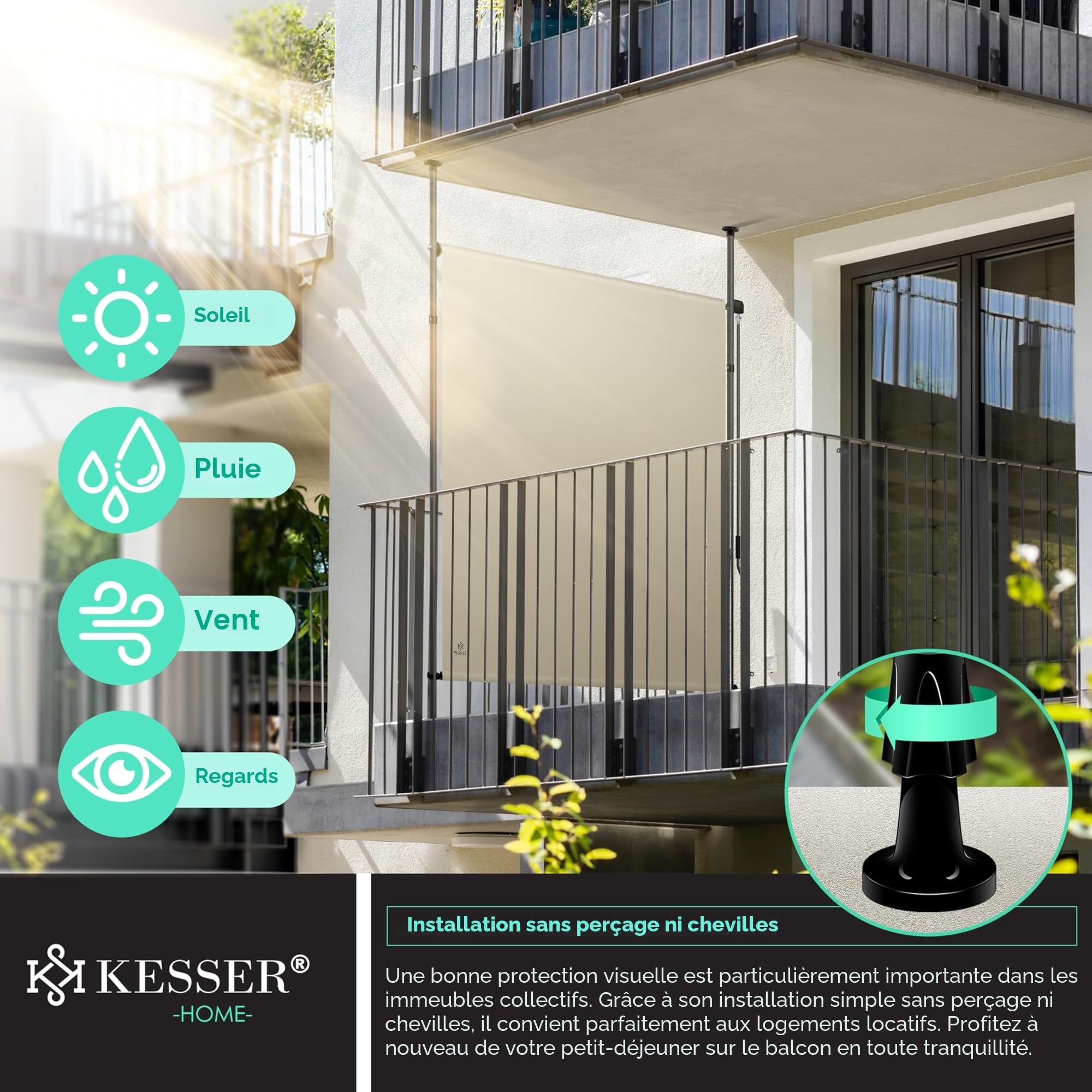 KESSER® Store extérieur Vertical 200x310cm Extensible & Opaque | Store Vertical avec manivelle sans perçage | Paravent de Balcon & Coupe-Vent pour Jardin & terrasse Imperméable Beige