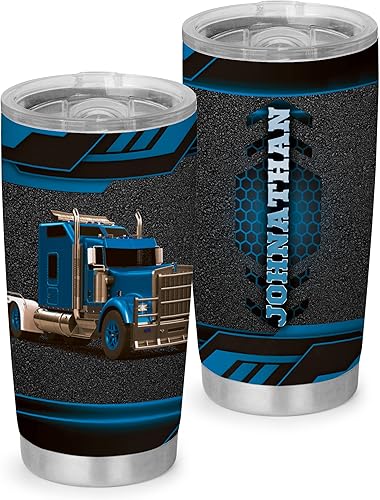 Personalized Truck Driver Tumbler, Custom Name Tumbler, Coffee Mugs Stainless Steel 20oz Insulated Travel Cups for Trucker Husband Men Christmas