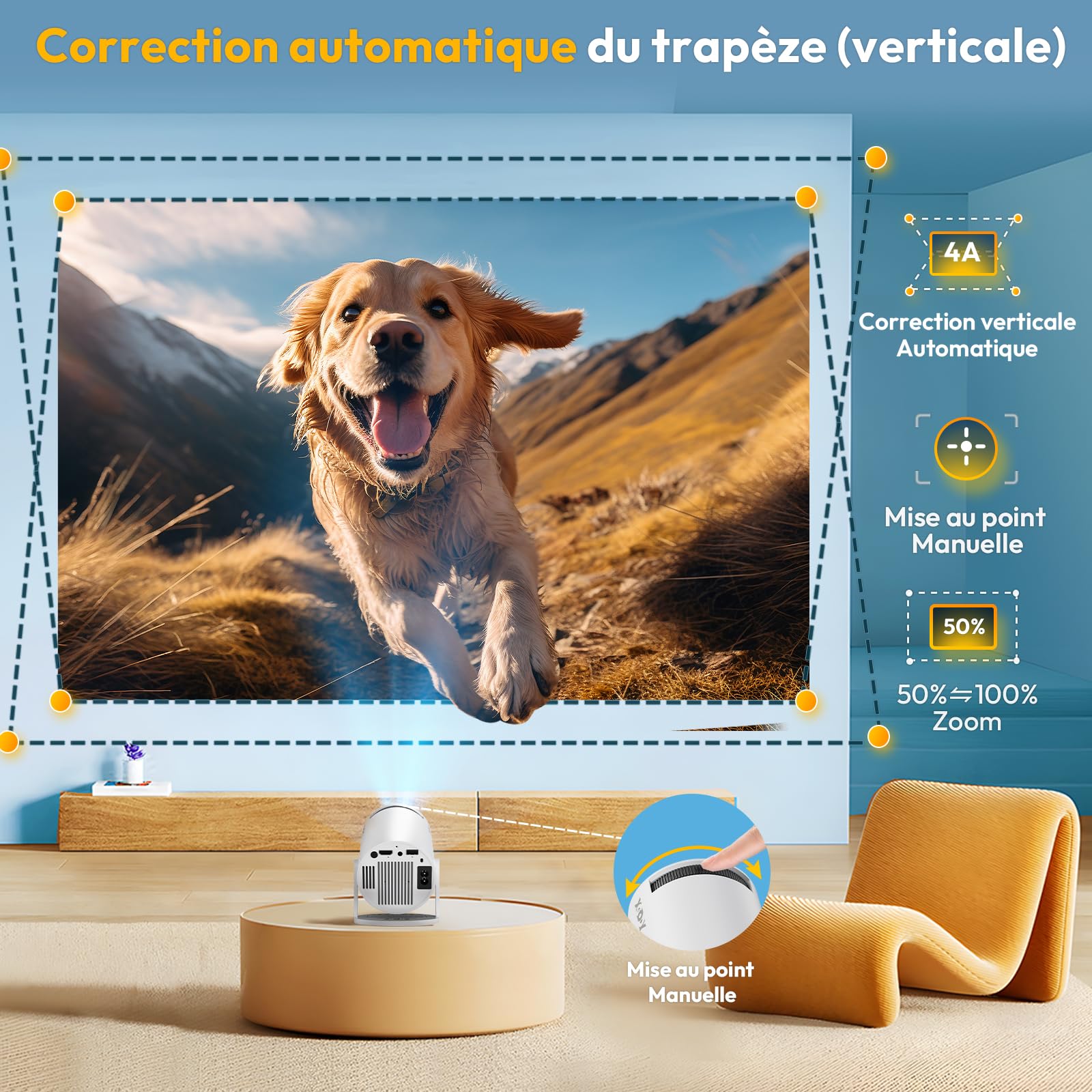 Mini vidéoprojecteur [2026 amélioré et Android 11.0] natif 720p HD, Prend en Charge 4K 1080p, XGODY Gimbal 3 Nouveau projecteur Portable 12000 lumens, WiFi 6, Bluetooth, clé Automatique