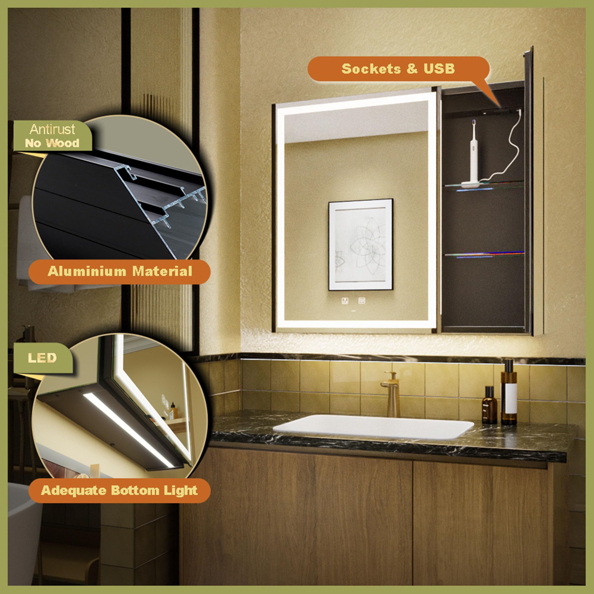 GANPE Armadietto da bagno con specchio per medicinali illuminato a LED, anti-appannamento, modalità a 3 colori, dimmerabile, mensole, prese e USB (70 x 75 cm)