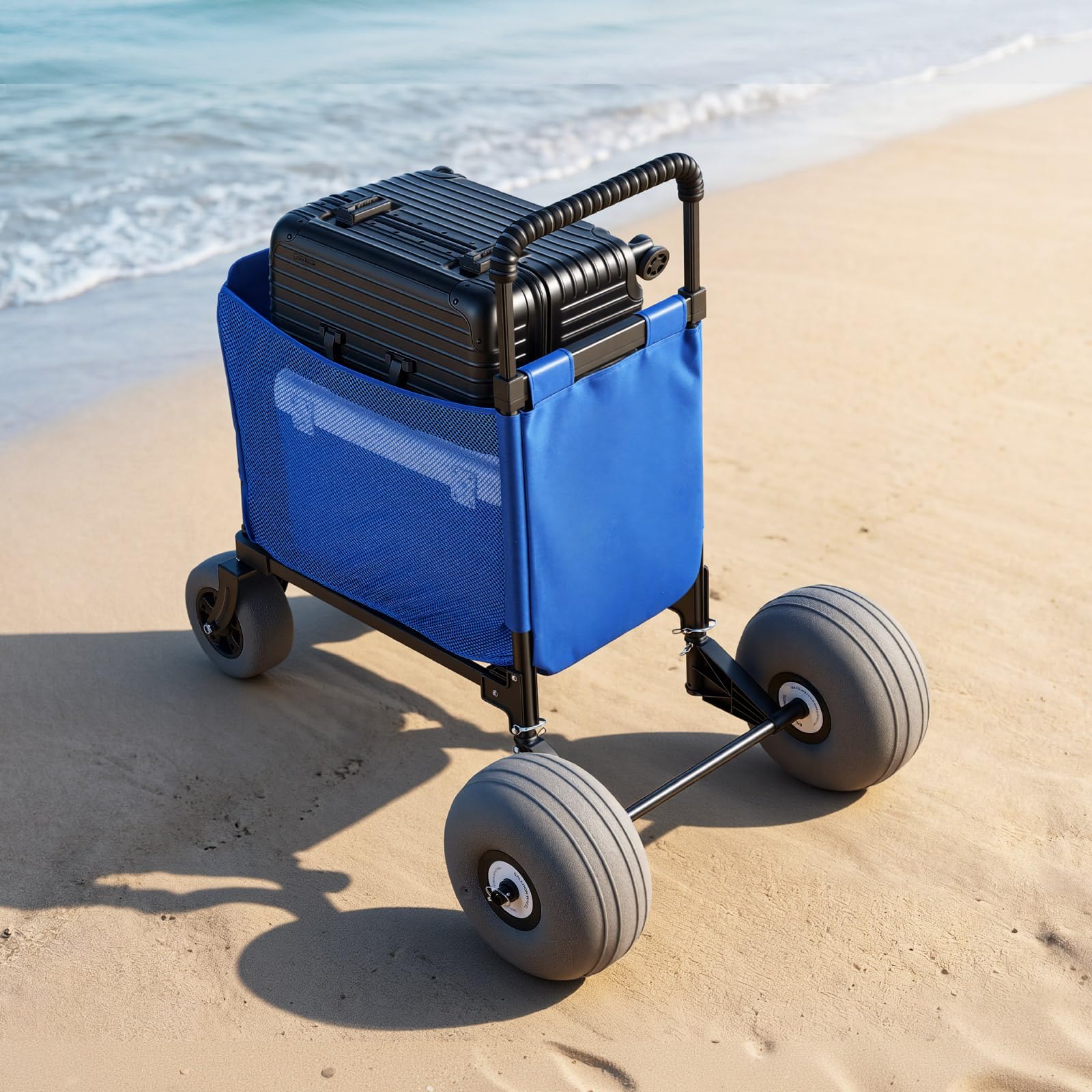 VEVOR Chariot de Plage Tout-Terrain, Chariot de Transport Pliable Charge 75 kg, Charette pour Camping Pêche Jardin Extérieur, avec Roues Ballons de 30 cm, Sac de Rangement et Hauteur Réglable