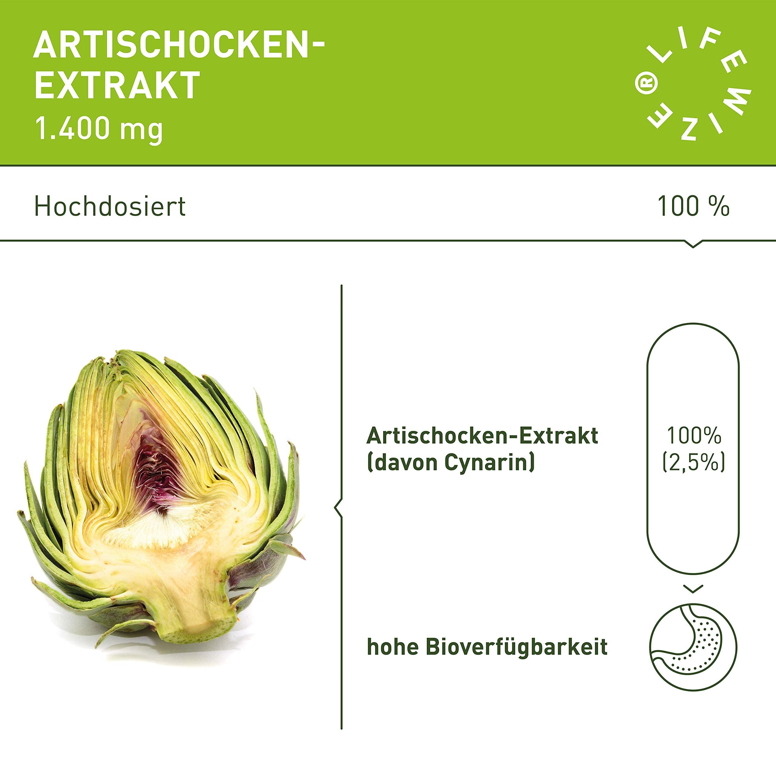 LifeWize® Artischocken Kapseln Hochdosiert mit 1400mg als 5:1 Extrakt = 7.000mg Artischocke pro Tagesdosis mit 2.5% Cynarin - 120 Vegane Kapseln ohne Zusatzstoffe