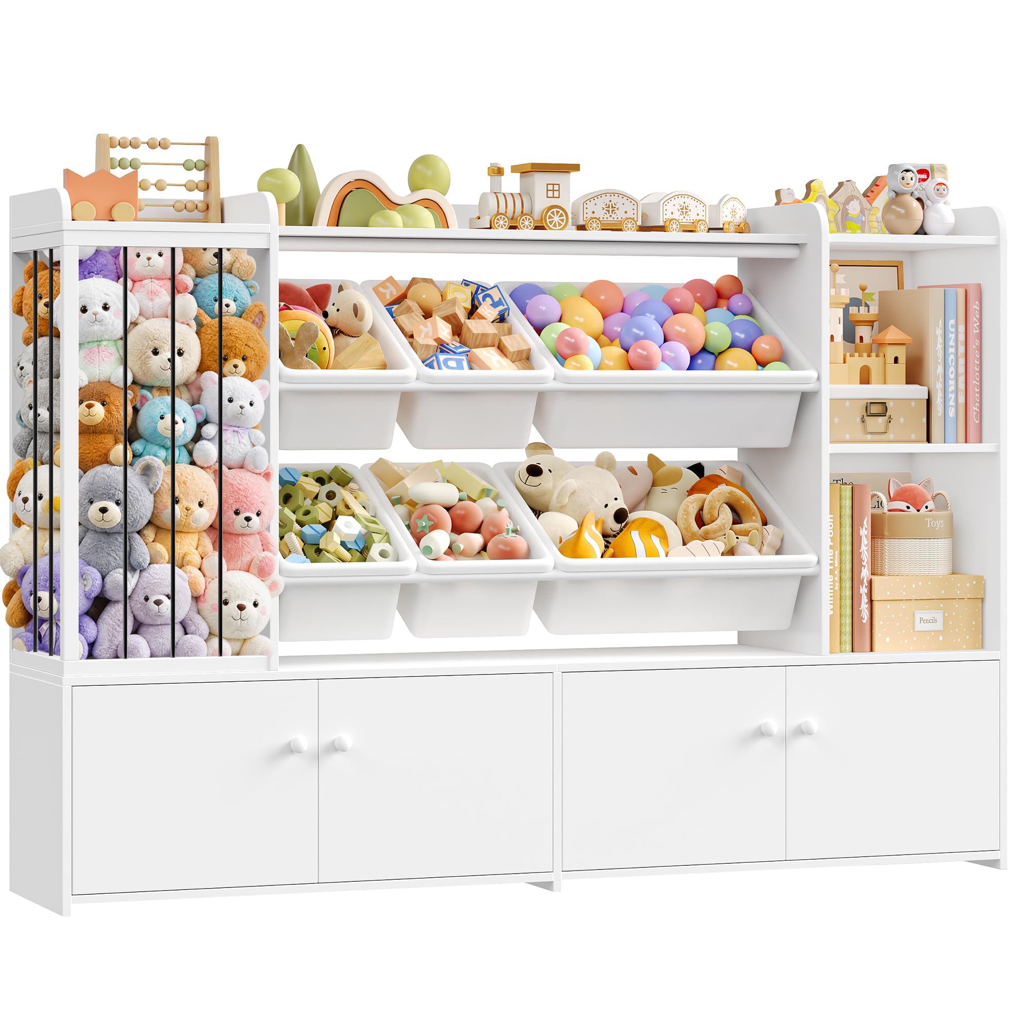 FOREHILL Porta Giochi Bambini, Mobile Porta Giochi con 6 Scatole, Scaffale Portagiochi Bambini con 4 Ante, Scaffale Portaoggetti per Peluche, per Cameretta e Sale Giochi, 137,3x28x94cm (Bianco)