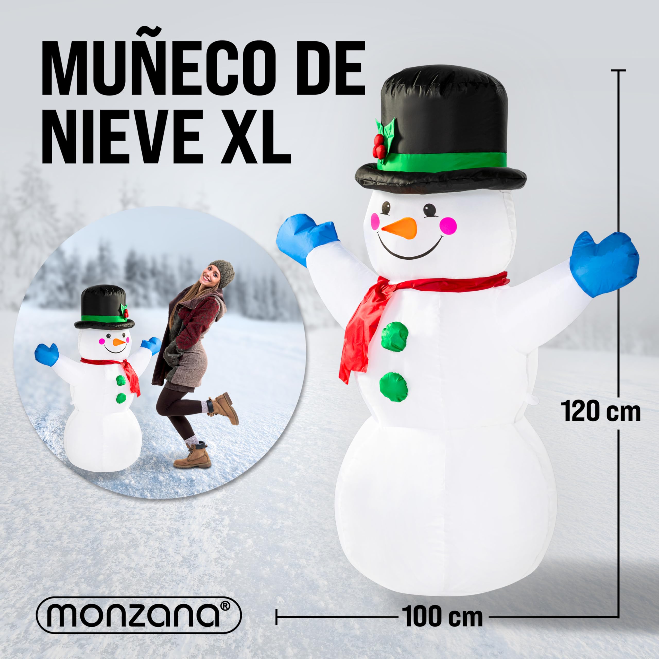 MONZANA® Muñeco de Nieve Inflable 120cm Luces LED Exterior Interior Decoración Navidad Incl. Bomba Eléctrica