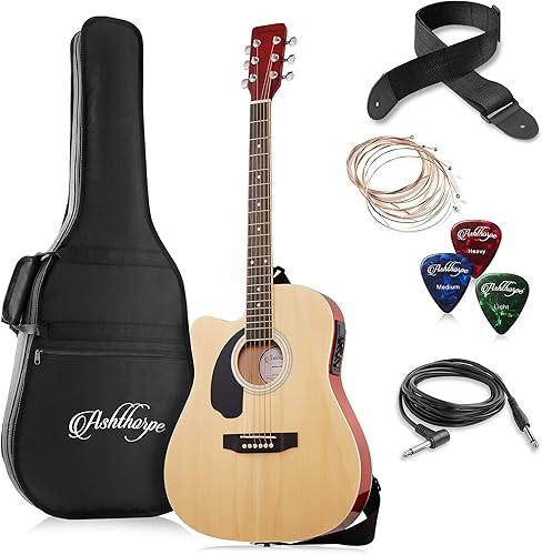 Ashthorpe Paquete de guitarra acústica-eléctrica Thinline para zurdos de tamaño completo, madera de tono premium, natural