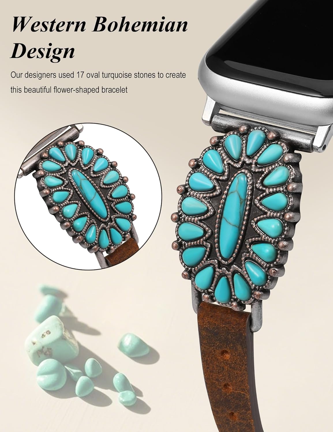 Minyee Leather Band Compatible with Apple Watch Band Women 42/46/38/40/41/44/45/49mm, Western Boho Turquoise Vintage Retro Designer Slim Thin Strap for iWatch Series 11 10 9 SE 8 7 6 5 4 3 2 1 Ultra - Image 2