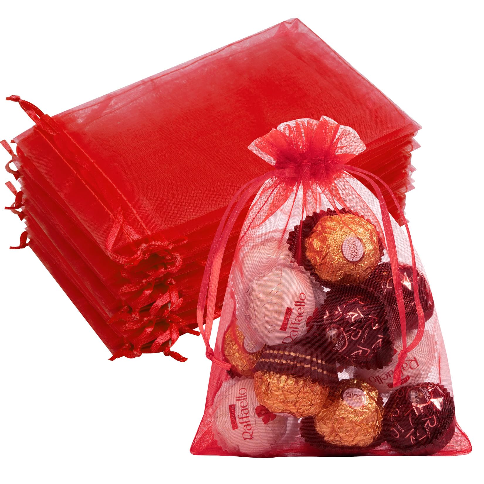 50PCS Red Organza Bags 5x7, Small Gift Bags for Women, Gift Wrap Bag Drawstring Mesh Pouches for Jewelry Candy Soap Treats, Sheer Baggies for Birthday Wedding Party Favors Halloween Christmas