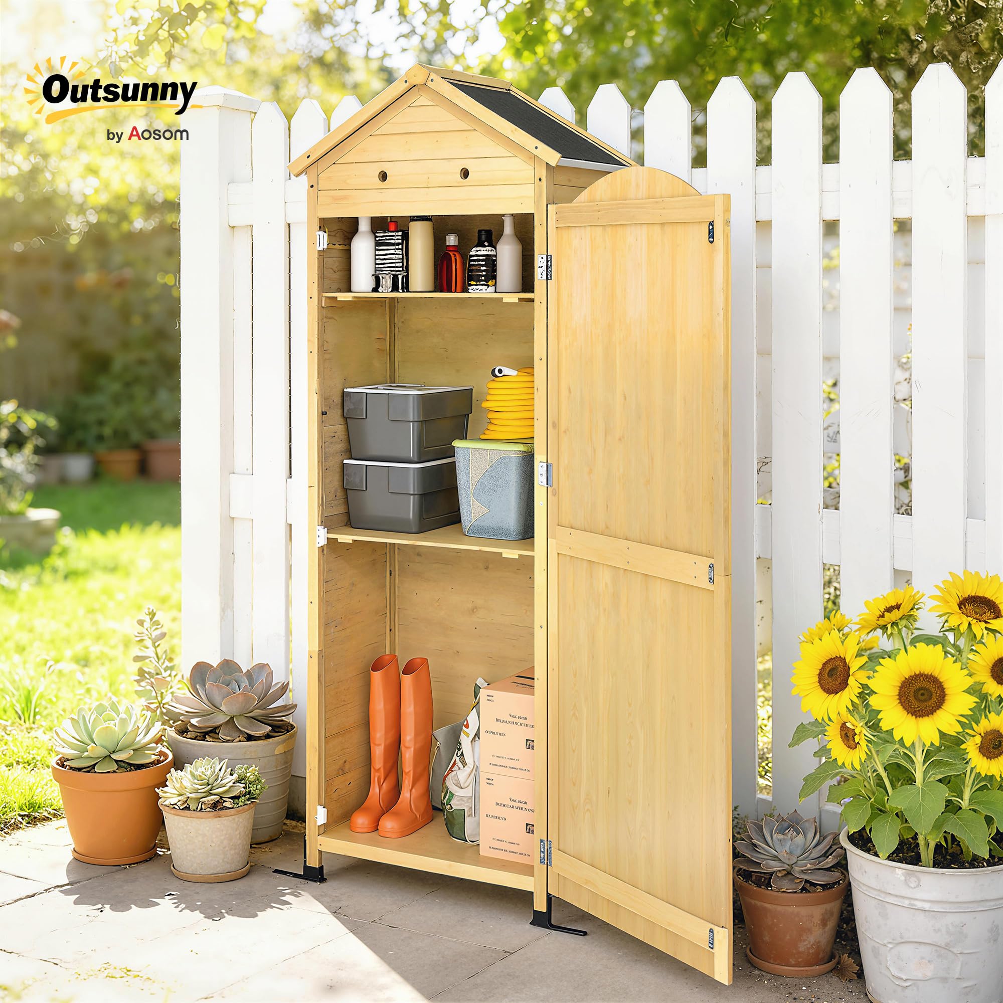 Outsunny Gartenschrank Holz extra hohe Geräteschuppen mit verstellbar Ablage magnetisch Tür galvanisiert Dach Belüftung Kippschutz 85x58x213 cm Geräteschrank Gerätehaus für Garten Terrasse Naturholz