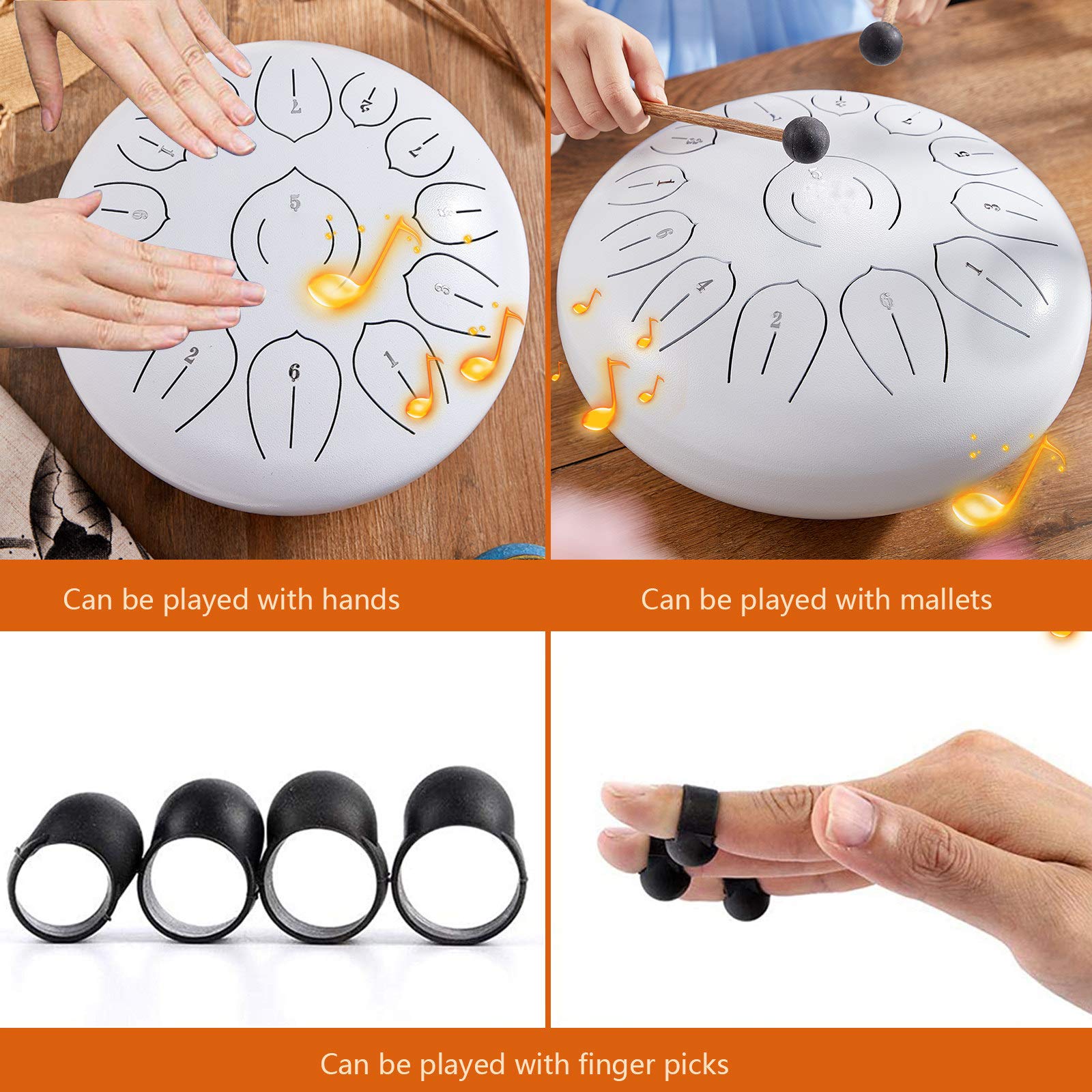 Tongue Drum Steel, 13 Notes Steel Tongue Drum, 12-calowy ręczny bęben pan z bardzo szerokim zakresem, Music Book i Drum Mallets Carry Bag, instrumenty perkusyjne, biały