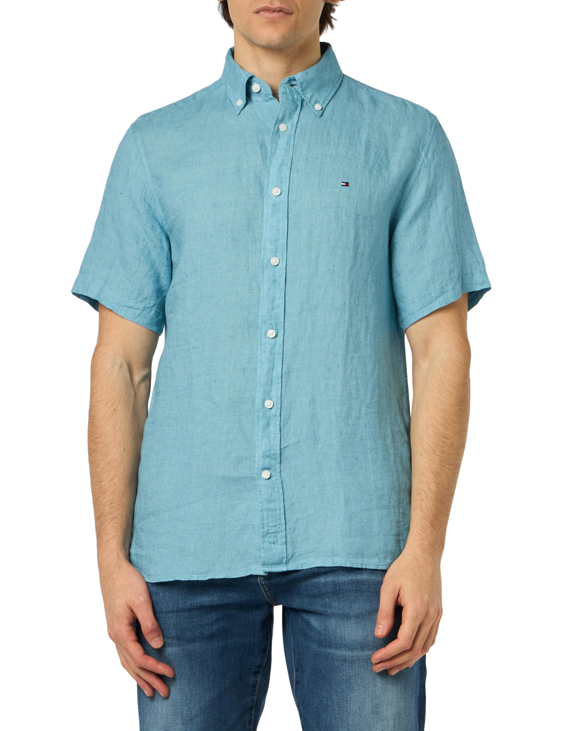 Tommy Hilfiger Men Pigment Dyed Linen Rf Shirt S/S Casual Shirts, Blue, XS