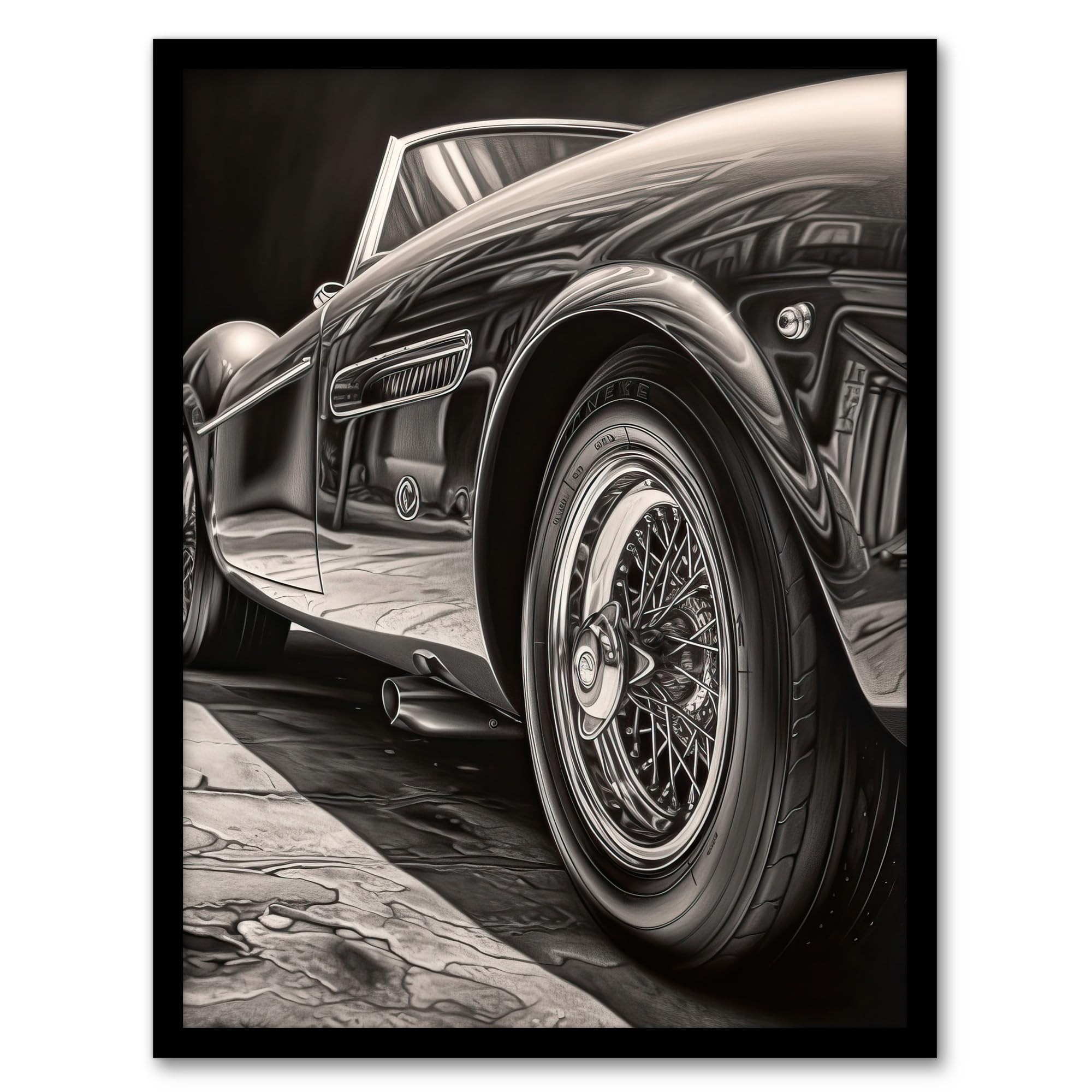 Artery8 Sleek And Sporty Hyper Realistic Graphite Drawing Sports Car Spoke Wheels Gift For Him Artwork Framed Wall Art Print 18X24 Inch