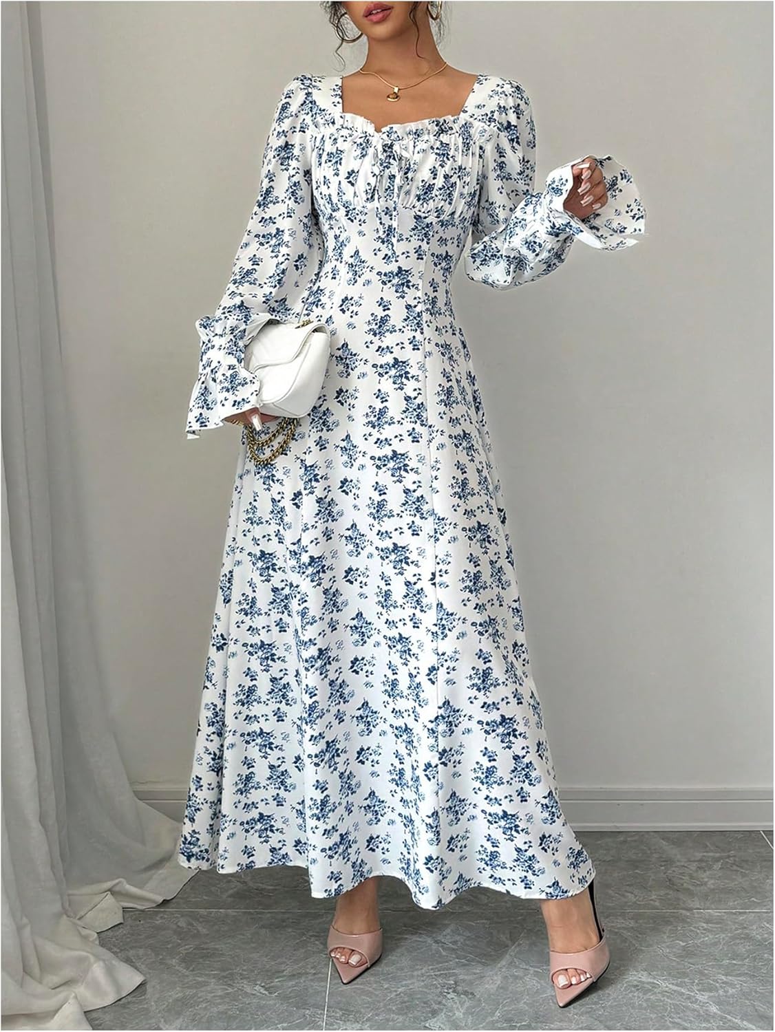 Floerns Women's Boho Floral Long Bell Sleeve Milkmaid Dress Smocked A Line Vacation Maxi Dresses - Image 5