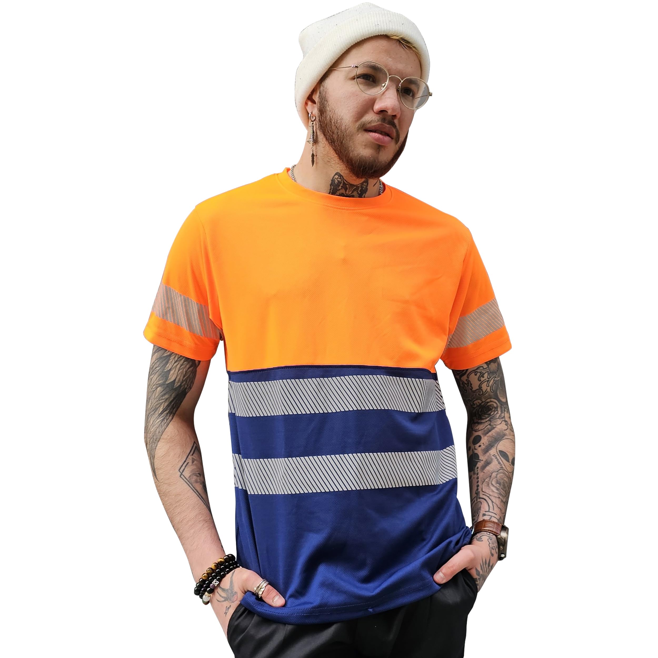 T-Shirt Haute Visibilité - Réfléchissant - Tee-Shirt de Protection de Sécurité - Avertissement - Hi-Vis - Orange/Marine - L