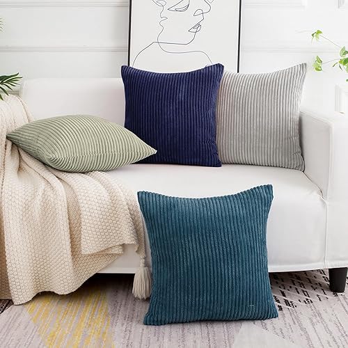 Miniatura 1 de Softalker Juego de 4 fundas de almohada de pana suave a rayas sólidas, 18 x 18 pulgadas, decoración moderna para sofá, dormitorio, sala de estar