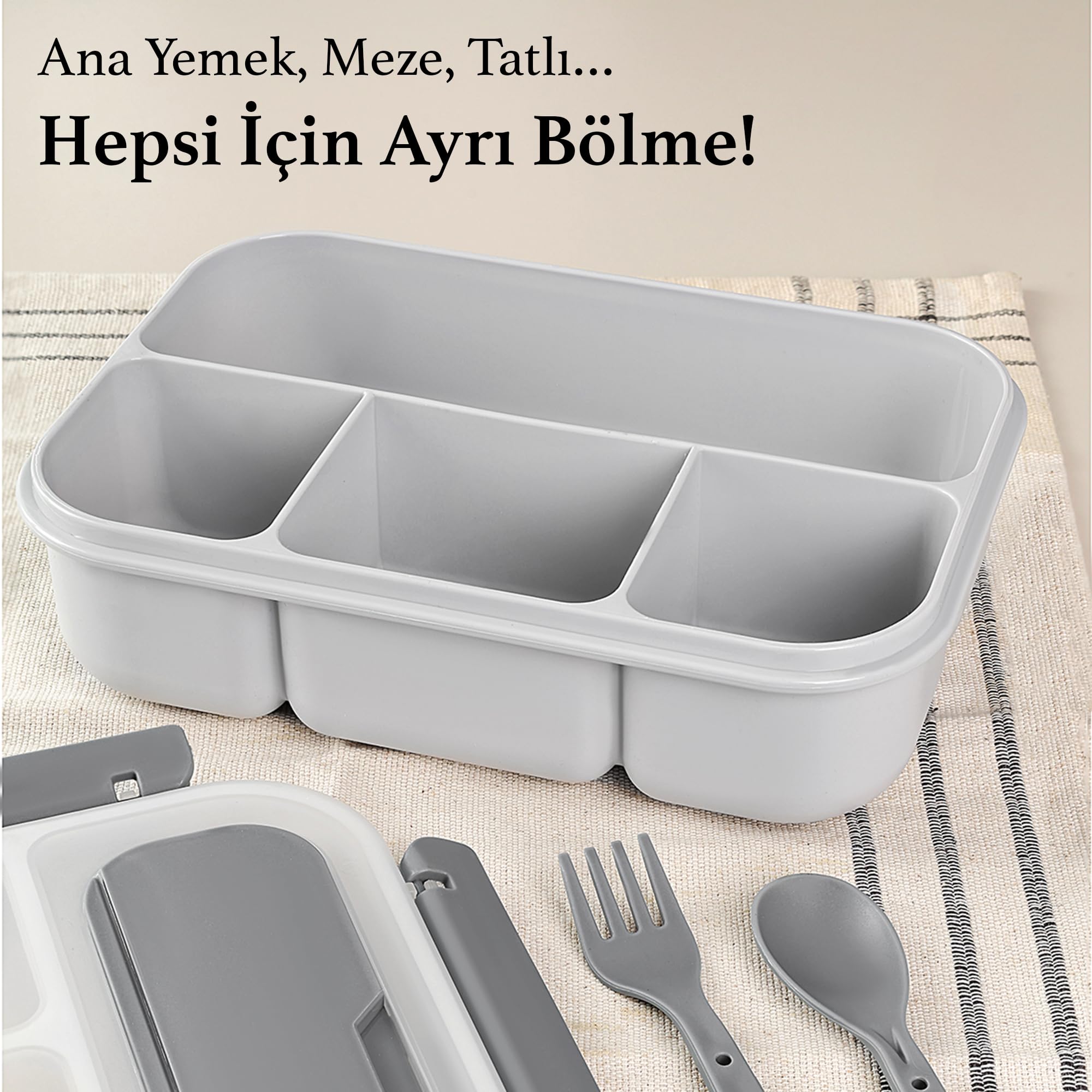 Sızdırmaz Contalı Yemek Kabı - 4 Bölmeli Çatal Kaşıklı Diyet Beslenme Kutusu Lunch Box Gri