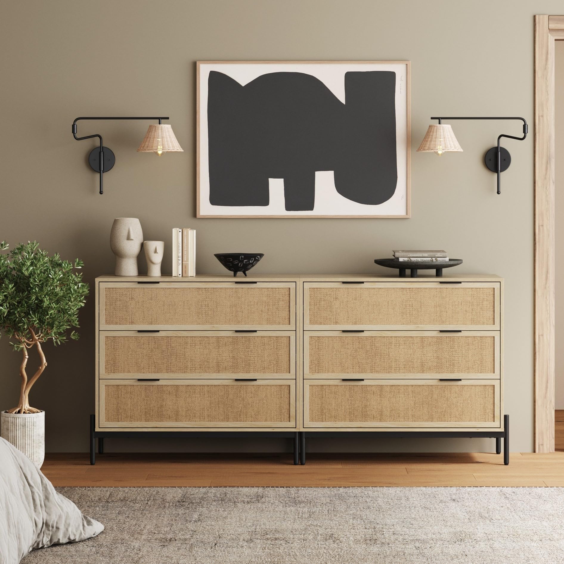 Nathan James Andrew 3-Drawer Rattan Dresser or Bohemian Living Room Storage Cabinet with Natural Rattan Accent and Metal Legs, Light Oak/Black, Set of