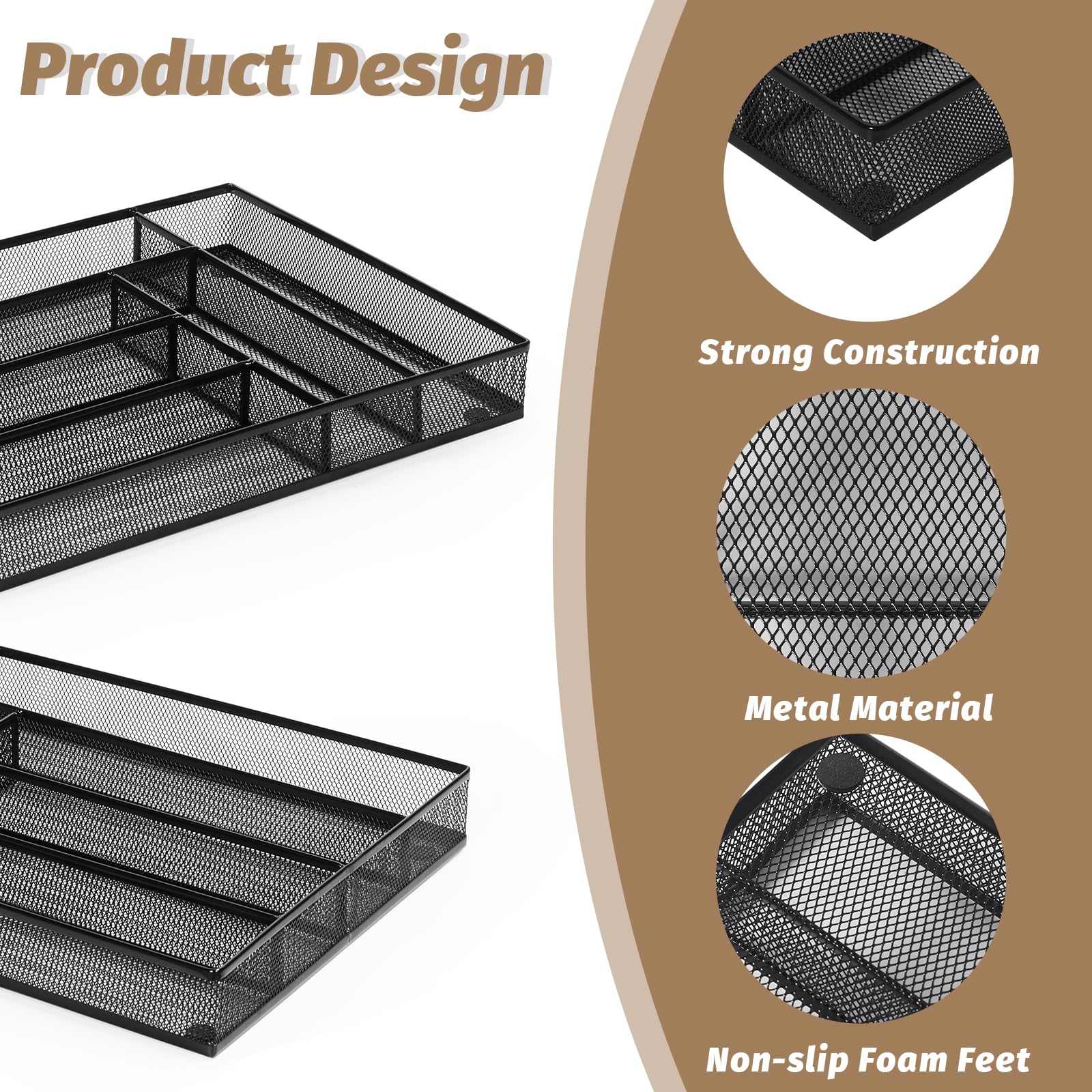 Organizador de cubiertos de malla de metal, organizador de cajones grandes, bandeja de cubiertos para cajones de cocina, organizador de cubiertos con 6 compartimentos, negro (11.3 x 16 6