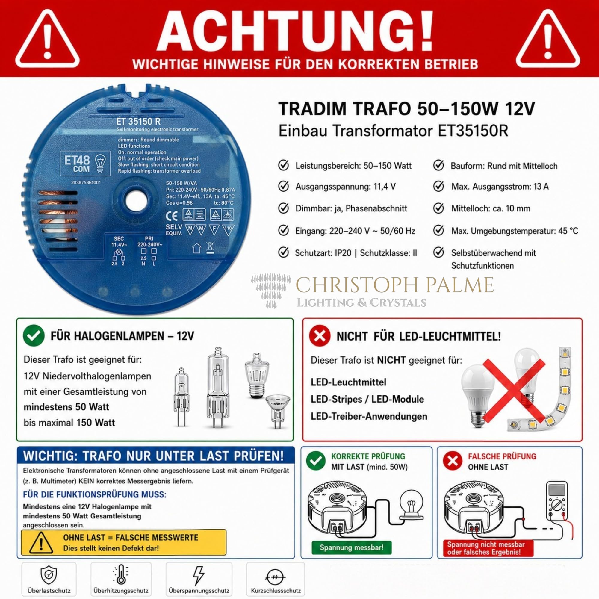 Tradim Trafo 12V 50-150W ET50150R elektronischer Einbau Transformator dimmbar Rundtrafo 230V auf 11,4V