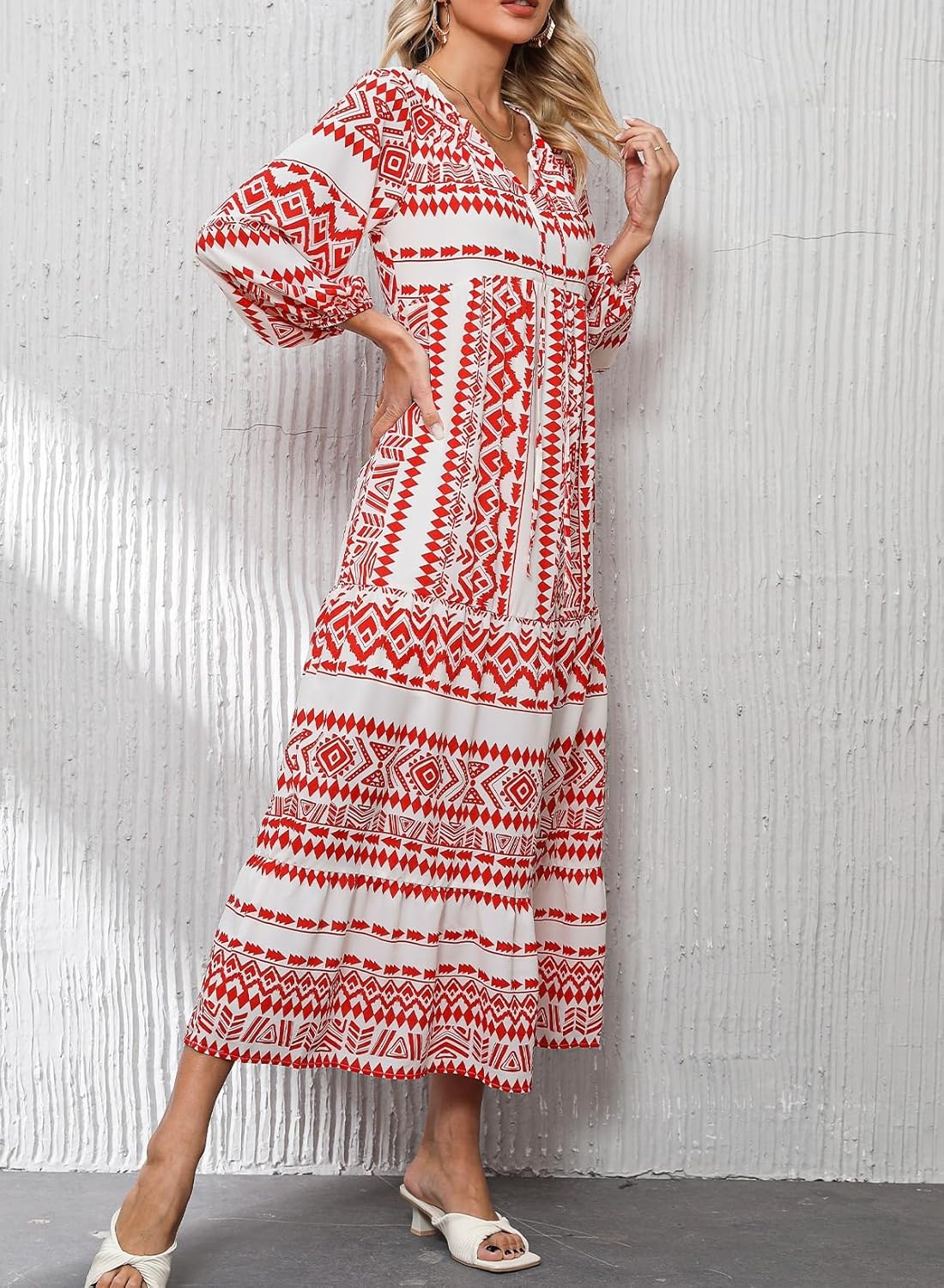 Size M...Dokotoo Women Boho Maxi Dresses 2026 V Neck Long Puff Sleeve Smocked Ruffle Flowy Casual Dress