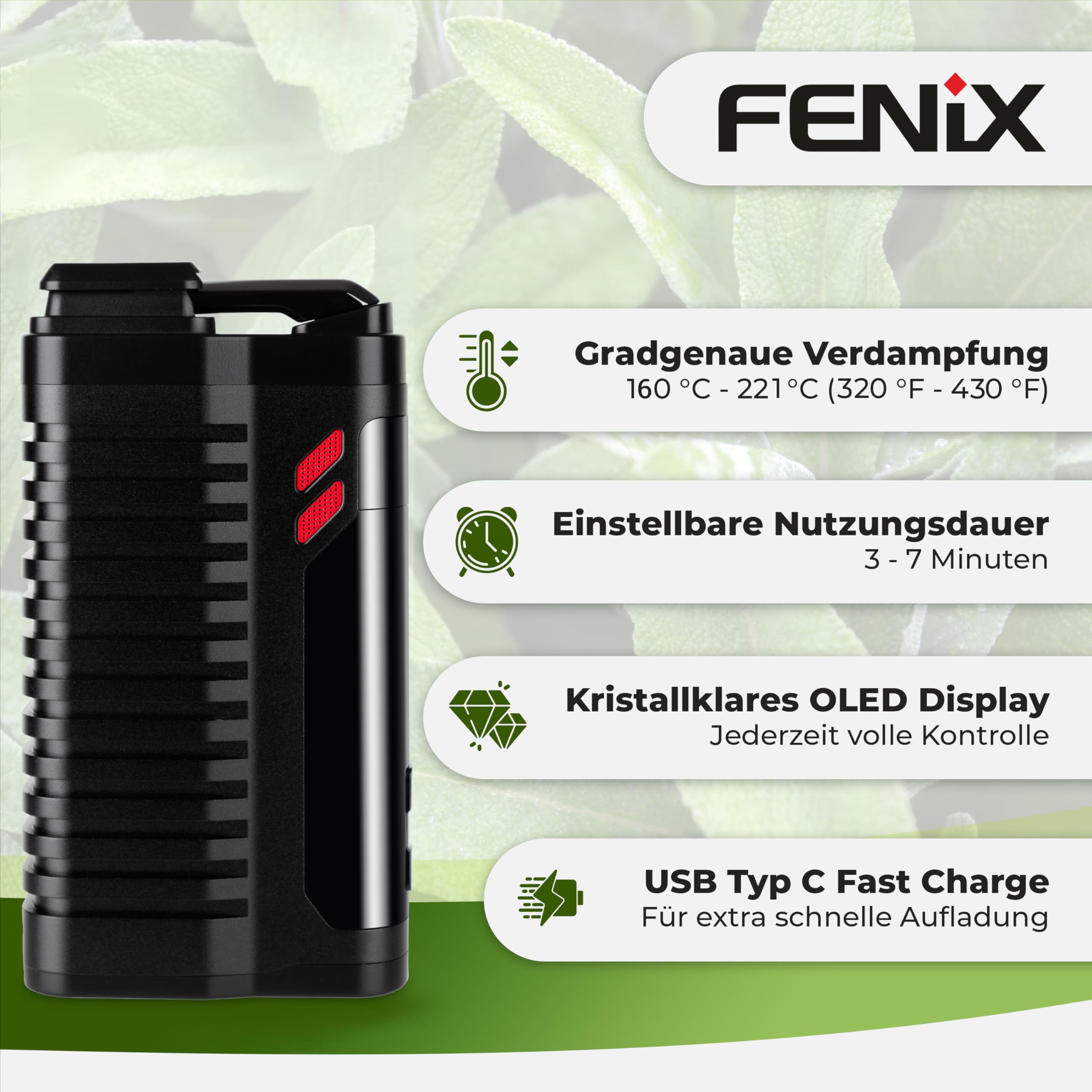 FENiX 2 MAX Vaporizer mit Konvektion für Kräuter & Extrakte *Schwarz* | Titankammer | 4800-mAh-Akku | hohe Dampfqualität | 160 bis 221 °C | OLED-Display | kurze Aufheizzeit | USB-C