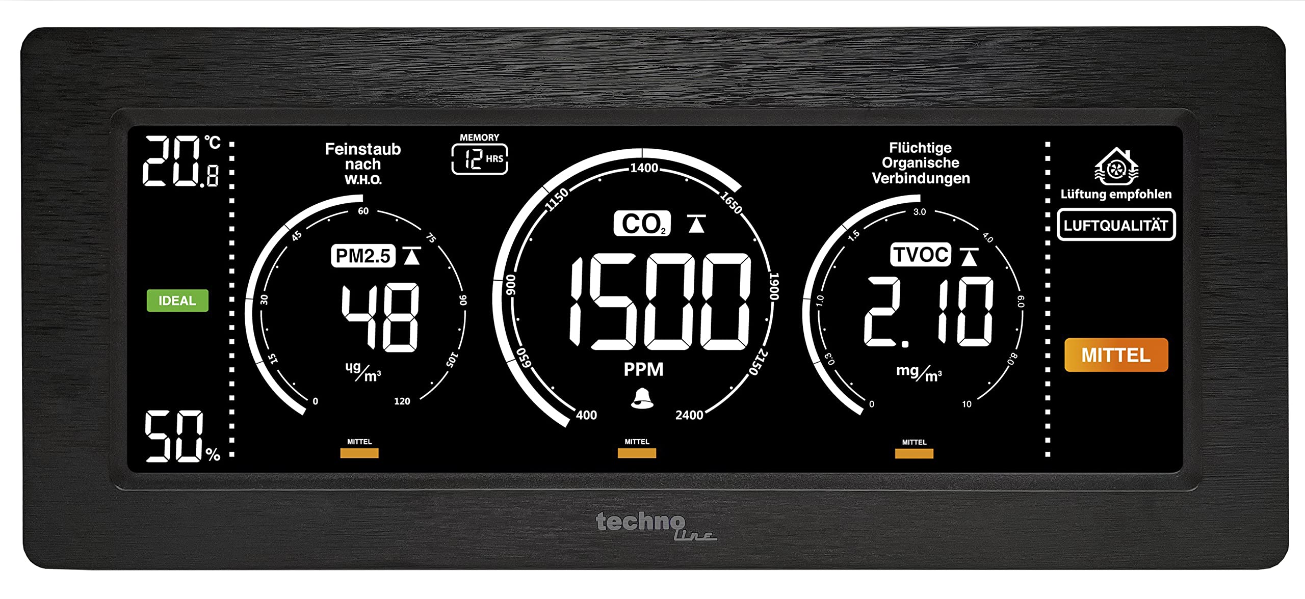 Techno Line Moniteur de qualité de l'air, Affichage coloré de la Concentration de CO2 et TVOC, Affichage des poussières Fines, Appareil de Mesure pour la qualité de Votre air intérieur