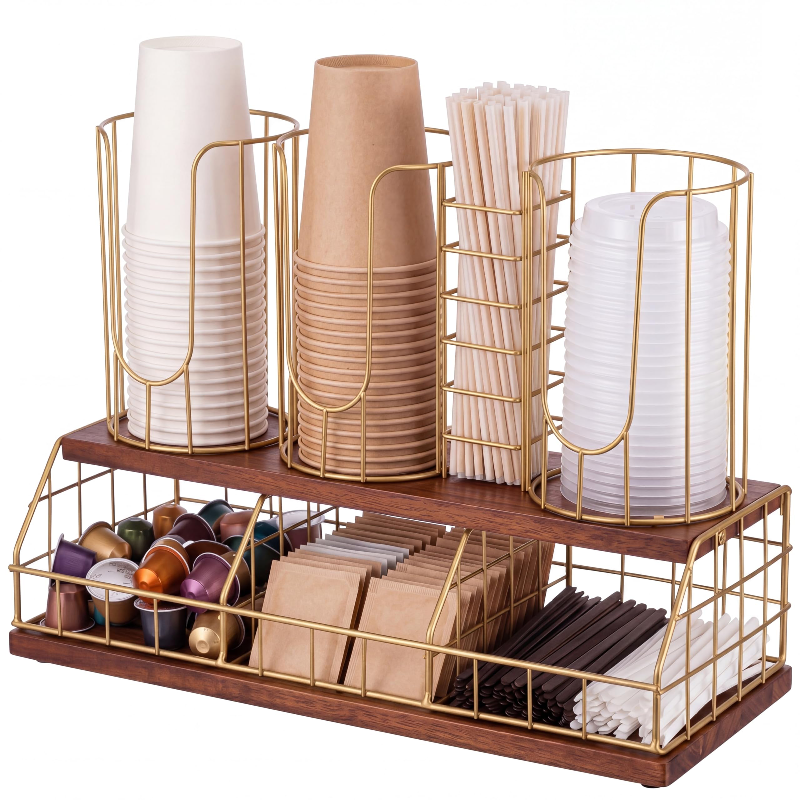 Geelin 18oz Adjustable Coffee Cup Dispenser with Wooden Base, Cup and Lid Holder, Cups Holder Organizer for Coffee Pod Straw and Lid Storage(4-compartment Double,Color 2)