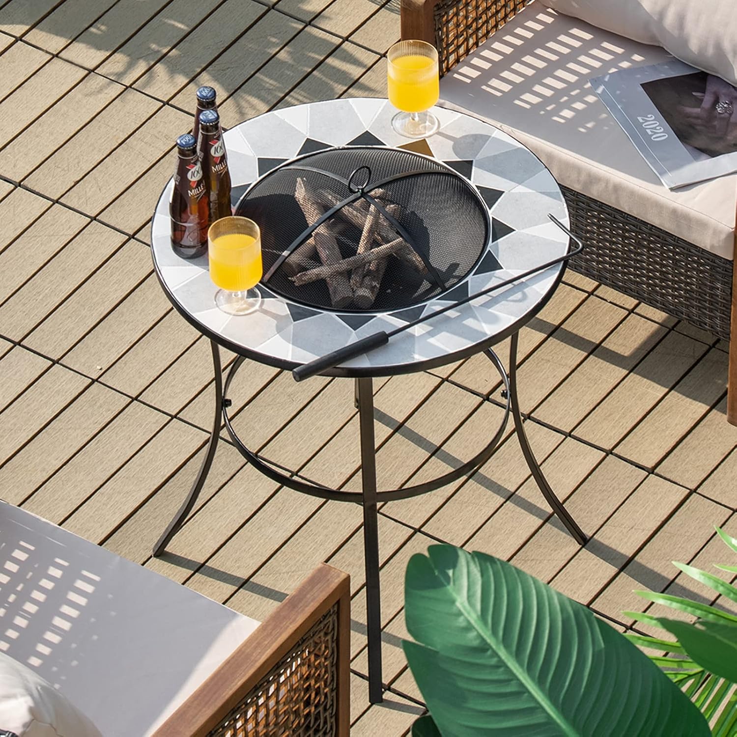 Tangkula Outdoor Fire Pit Table with Tile Tabletop, Small Round Steel Fire Bowl with Screen Cover, Fire Poker, Patio Wood Burning Fire Table for Camping, Bonfire & Outdoor Heating