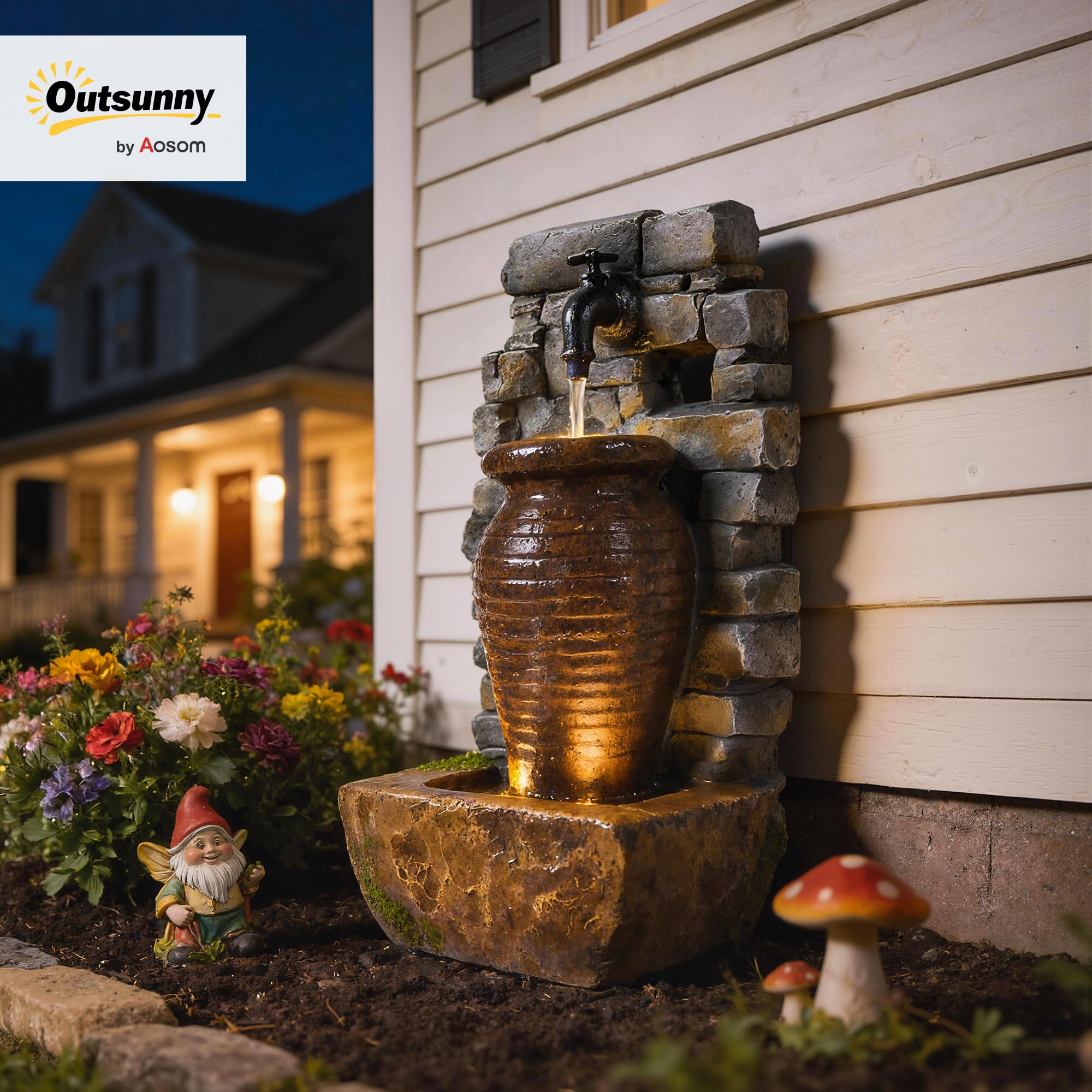 Outsunny Springbrunnen 3-stufig Gartenbrunnen mit LED Beleuchtung verstellbare Pumpe Steinwand Krugdesign, Zimmerbrunnen Wasserspiel Zierbrunnen Terrassenbrunnen für Garten Rasen 26 x 20,5 x 57 cm