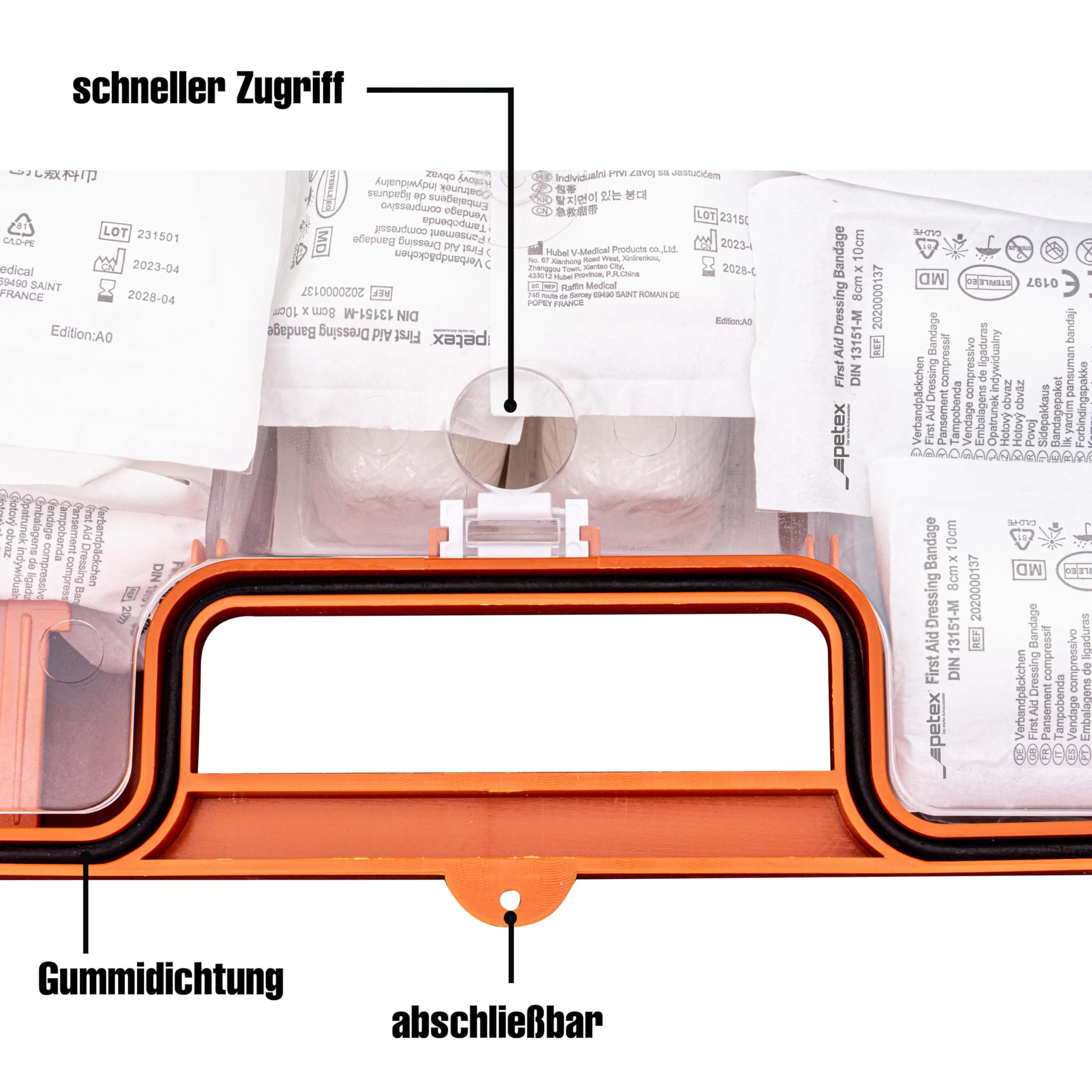 PETEX Botiquín profesional de primeros auxilios con contenido según la nueva norma DIN 13169, incluye práctico soporte de pared, 5 pegatinas, botiquín de primeros auxilios, en color naranja para