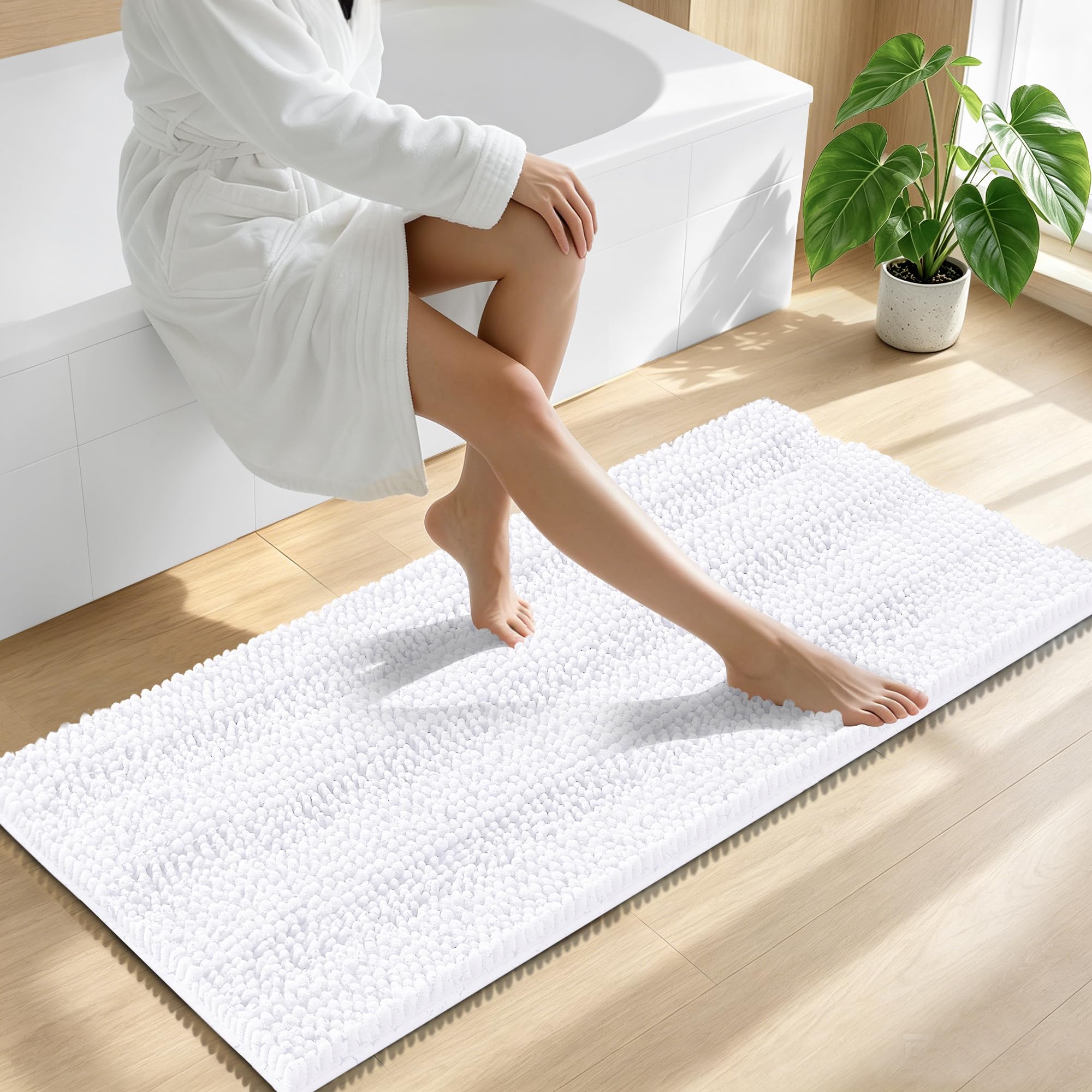 Smiry Thick Chenille Bathroom Runner Rugs 47x20, Absorbent Bath Mat, White