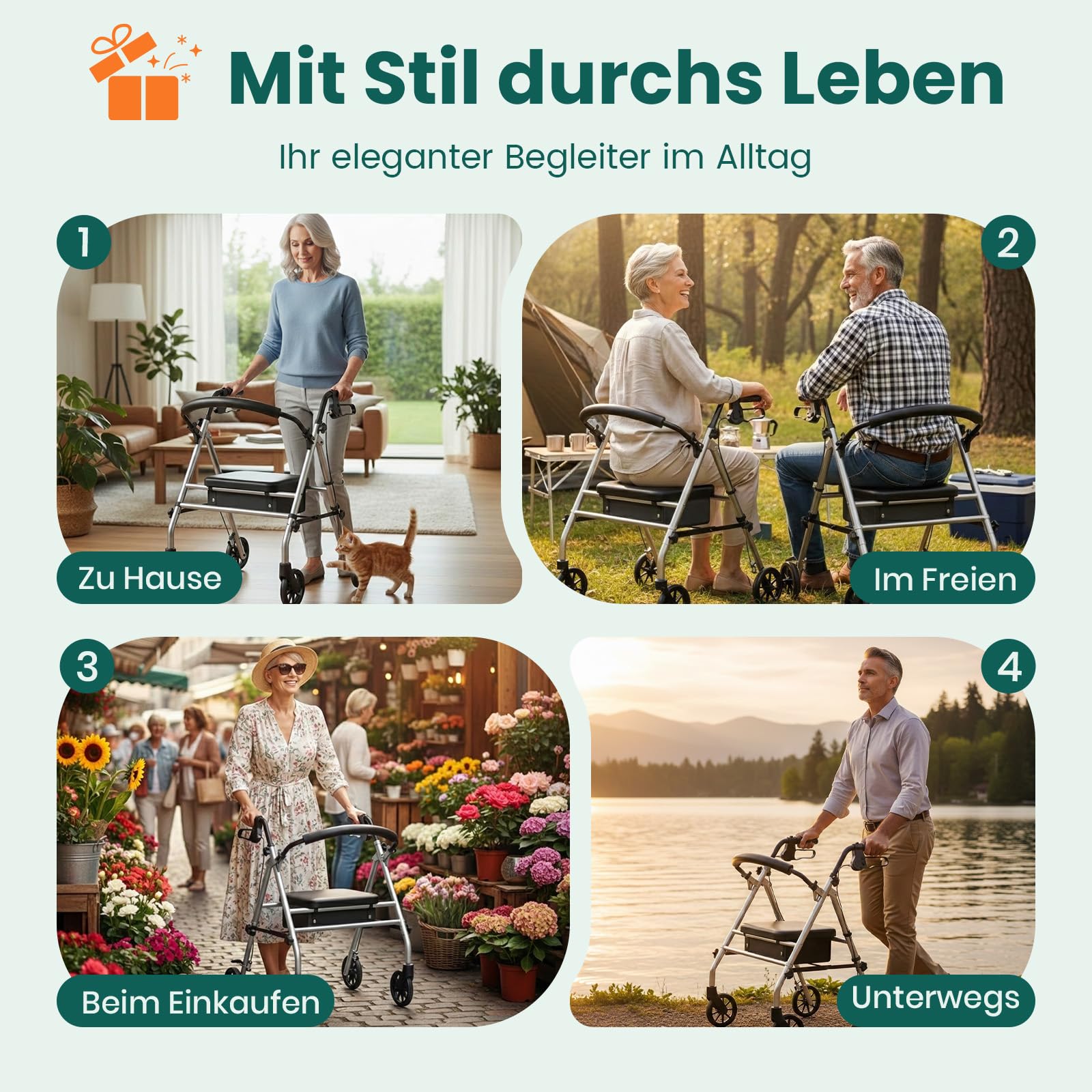 Faltrollator mit Sitz – stabiler 4-Rad-Gehwagen für Senioren & Gehbehinderte, Silbergrau