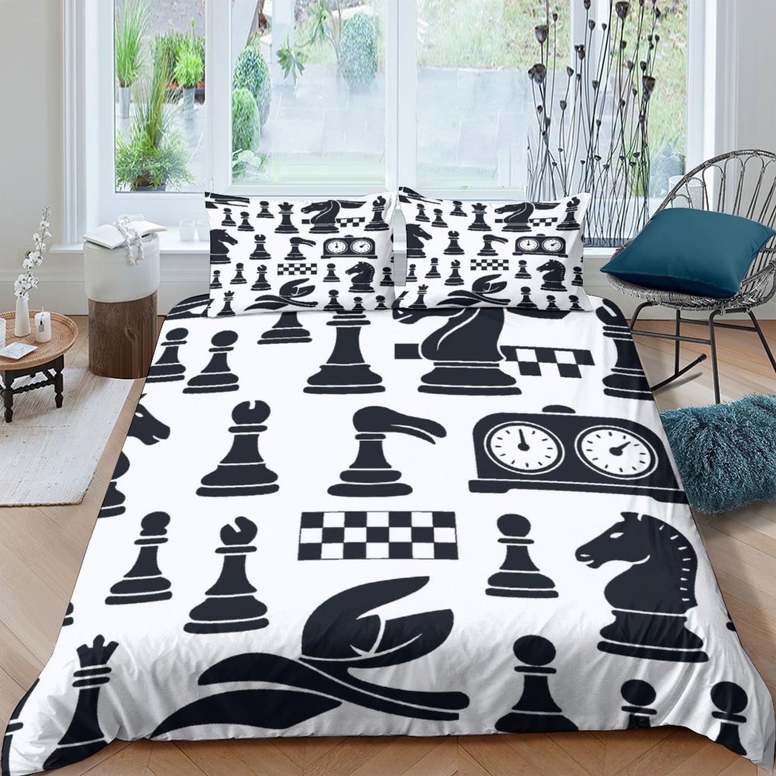 Ctjqhvkz Style-1 3D Printed Chess Pieces Fitted Sheet Microfiber Black White Chessboard Bed Cover For Bedroom Dorm Guest Room Mattress Decor Single（135X200cm）