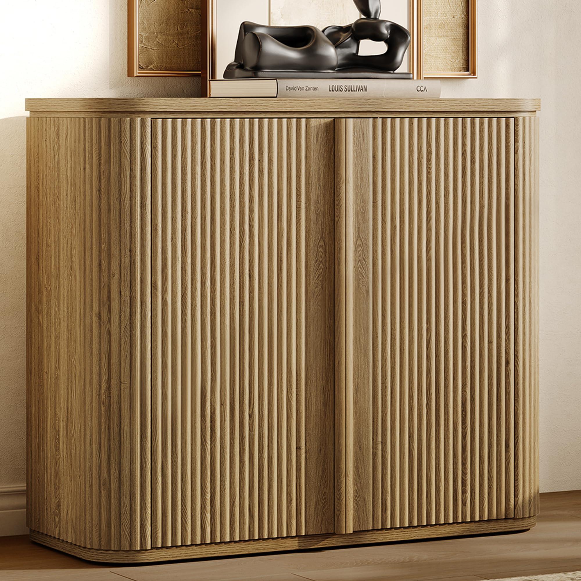 sicotas fluted sideboard buffet cabinet with storage, modern credenza with solid wood handle, mid-century buffet cabinet storage cabinet with door for living room, entryway