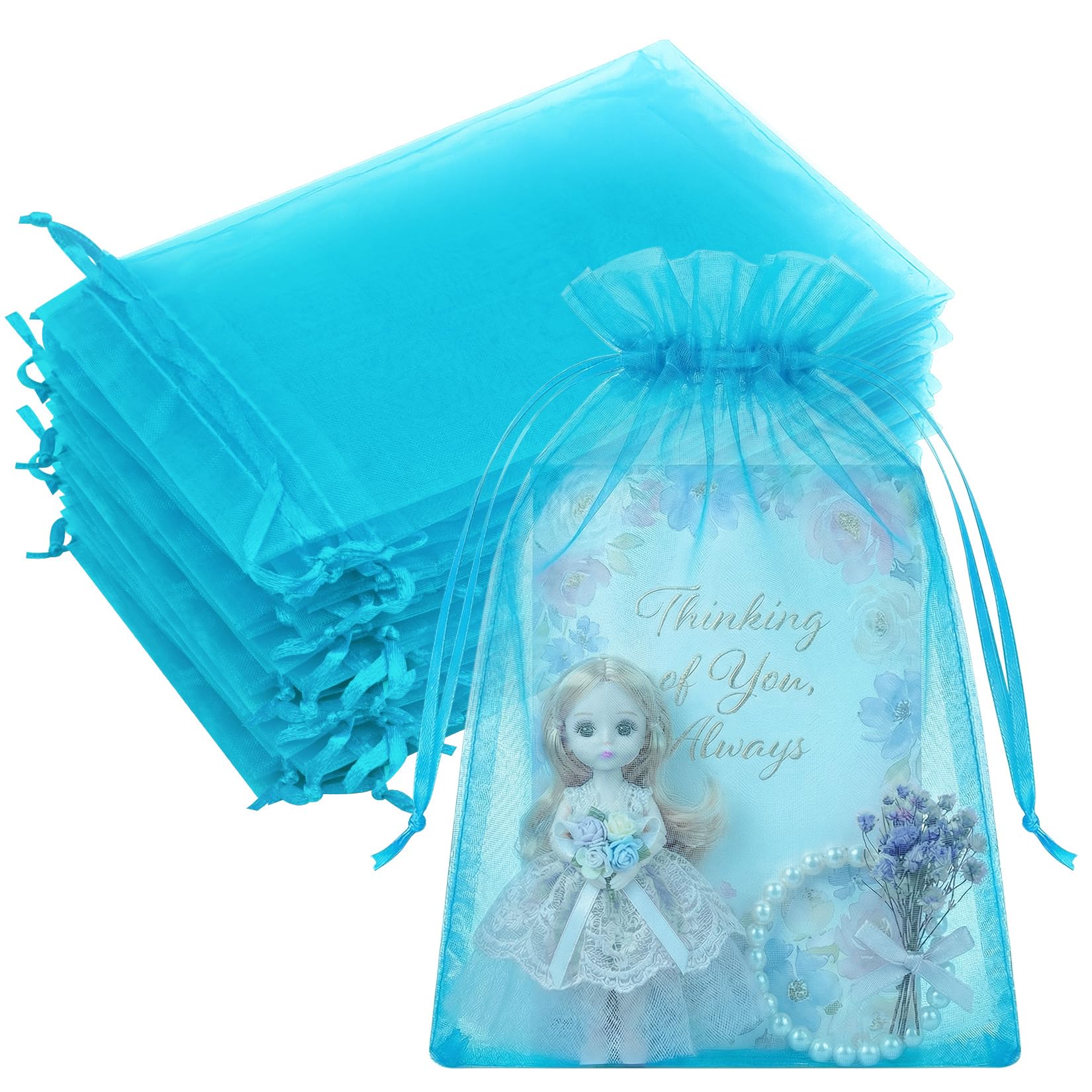 Crweety 50PCS Organza Bags 6x9 Large Gift Bags Blue Cute Mesh Bags Drawstring Sheer Pouch for Candy Jewelry Treat Wedding Favor Baby Shower Birthday Party Halloween Christmas, Gifts Wrapping Supplies