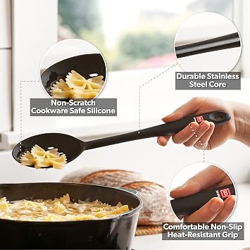 DI ORO Seamless Series 7-Piece Silicone Utensil Kitchen Set - 600F Heat-Resistant Rubber Cooking and Baking Tools - Food Grade, BPA Free, and LFGB Certified Silicone - 5 Spatulas and 2 Spoons (Black)