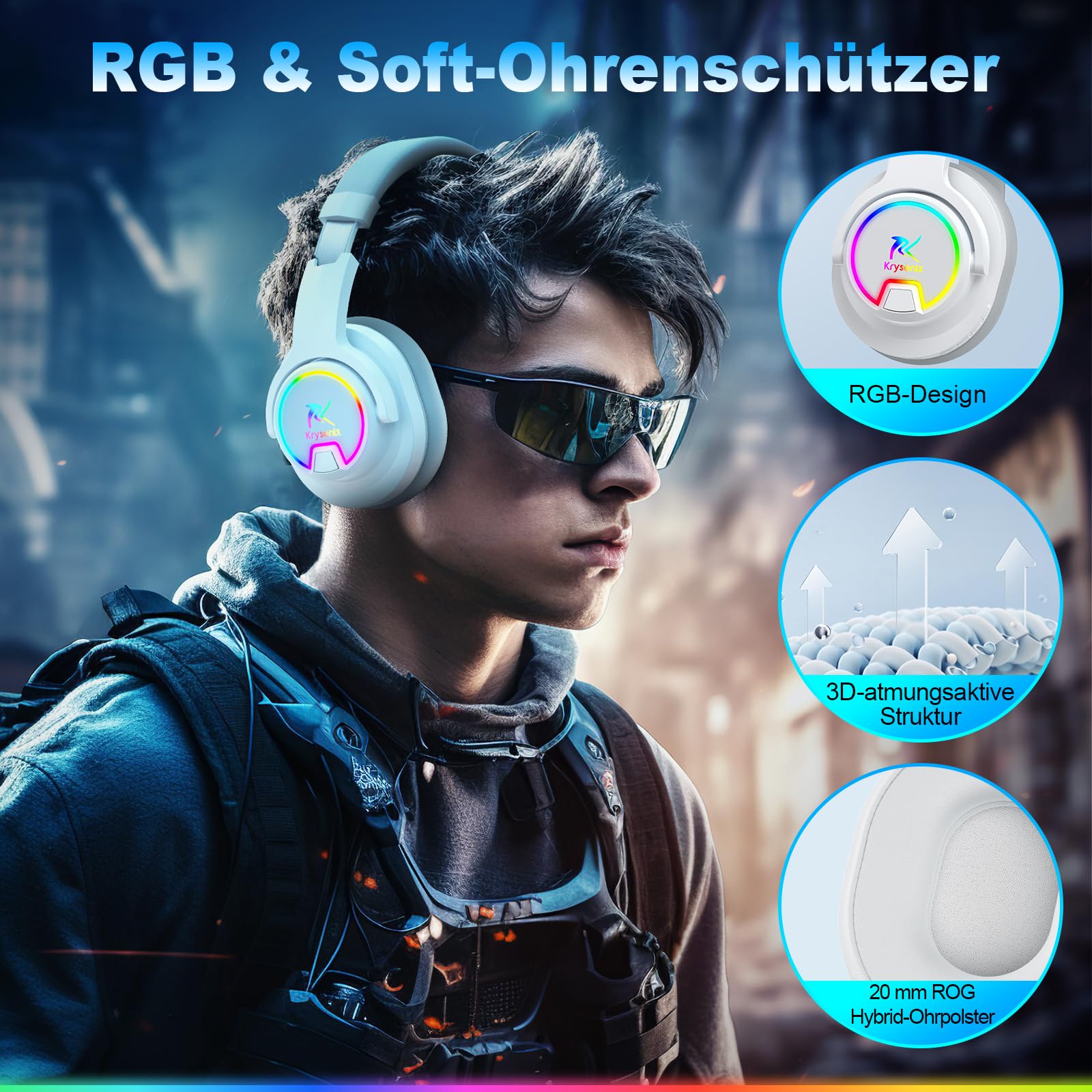 Krysenix PG3 2,4 GHz Cascos Gaming Inalámbricos para PS5, PS4, PC, Mac, Switch, Auriculares Inalámbricos Bluetooth 5.4 con micrófono Desmontable, 7.1 Sonido Envolvente, Duración 48Hr, Luz LED
