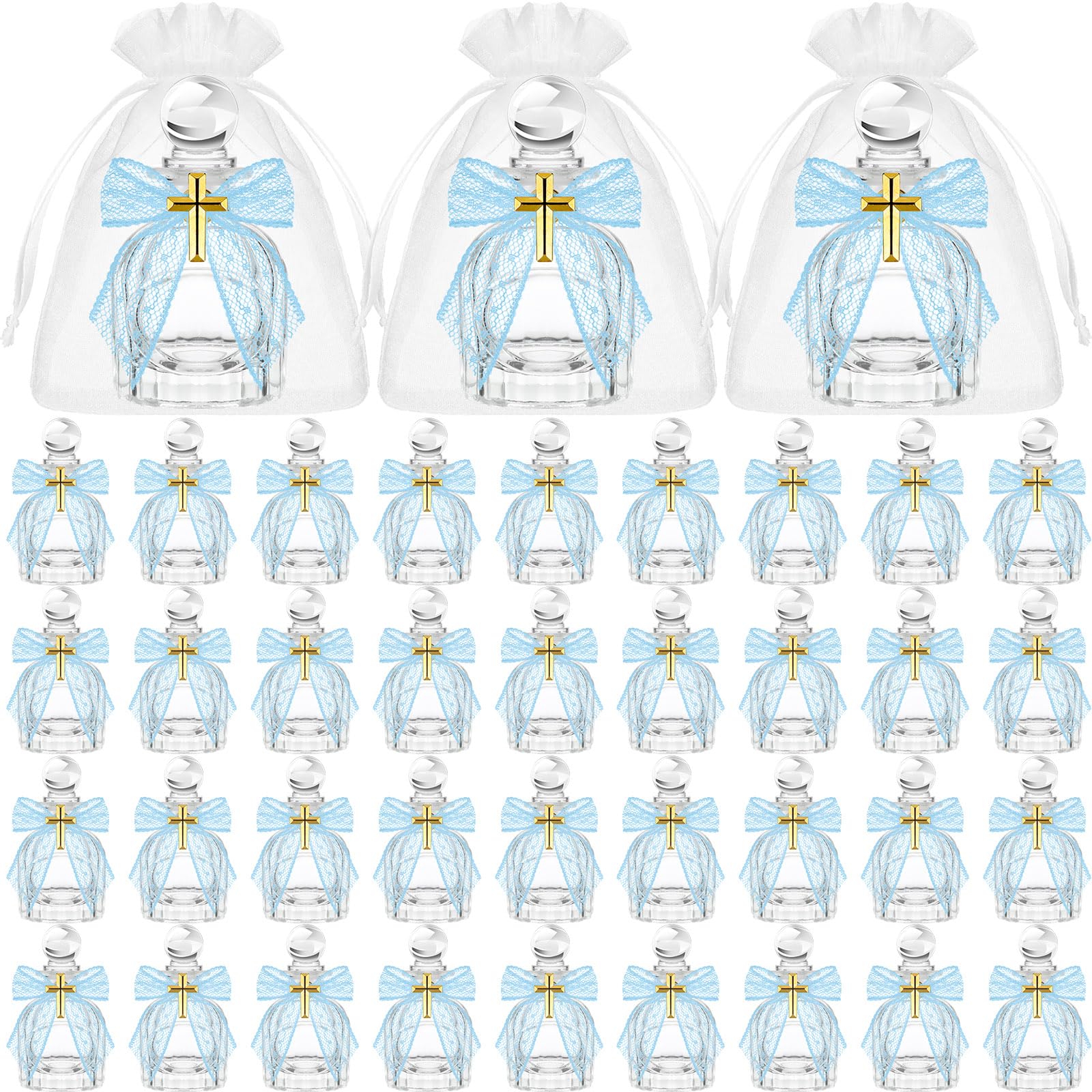 Newtay Holy Water Bottles Catholic Bulk Glass Baptism Favors for Guests Christian Water Container with Cross Organza Bags Bow for Holy Communion Gifts