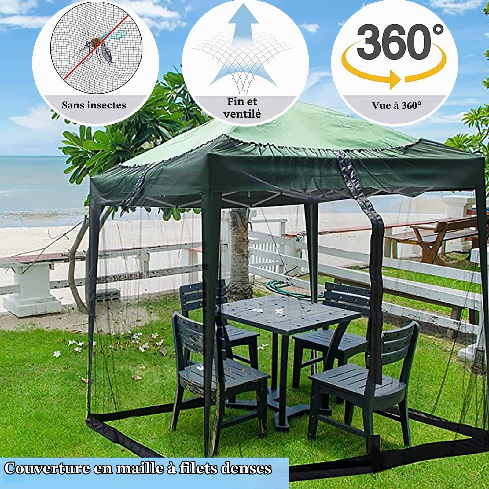 SFDPDM Moustiquaire Parasol 3x3m, Gazebo Polyester Fermeture Éclair Camping