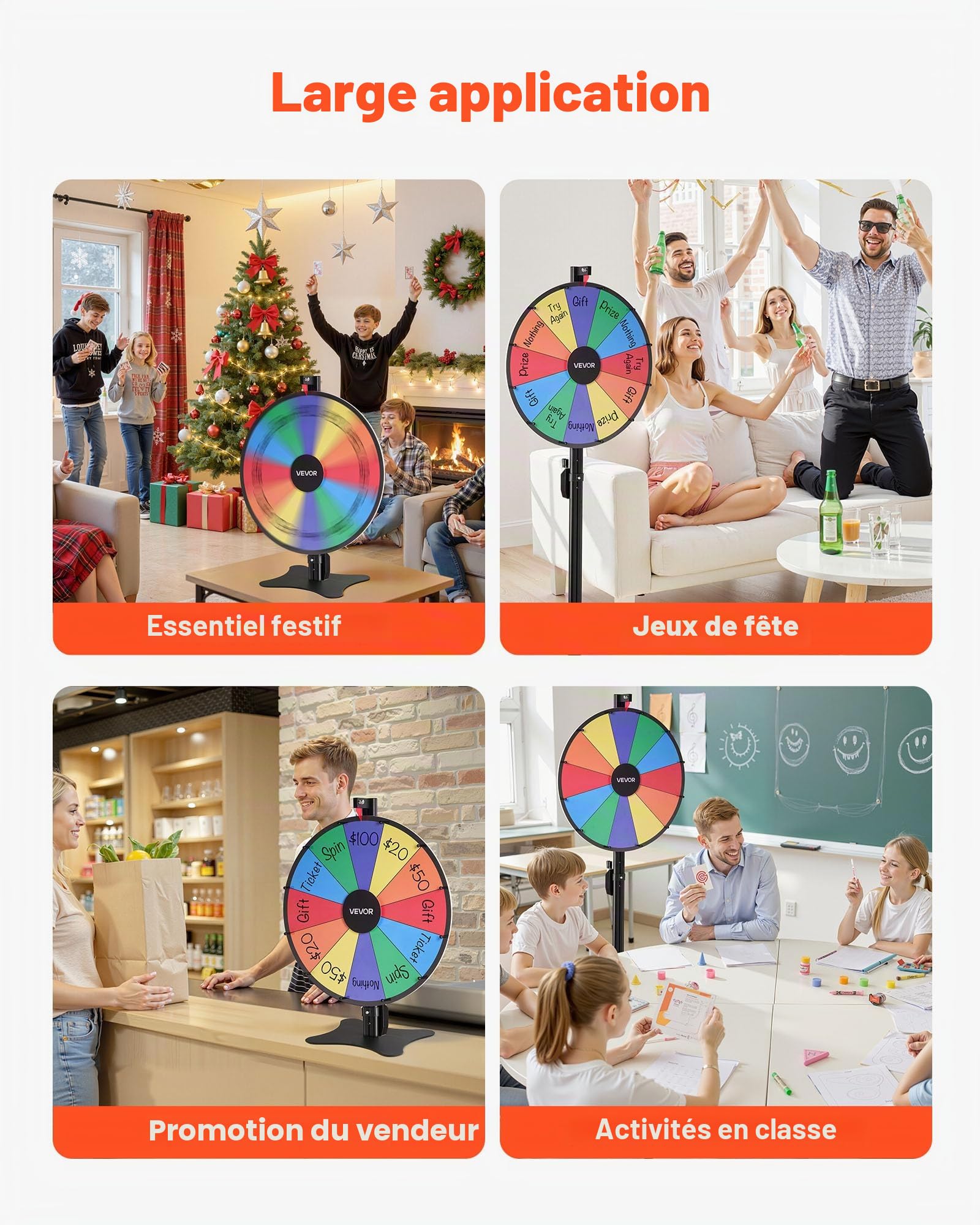 VEVOR Roue de Fortune, 610 mm, Roue de la Chance avec Support à Hauteur Réglable, 12 Secteurs en 6 Couleurs, Jeu pour Fêtes, Salons, Carnavals, Foires, avec Effaceur et 2 Marqueurs