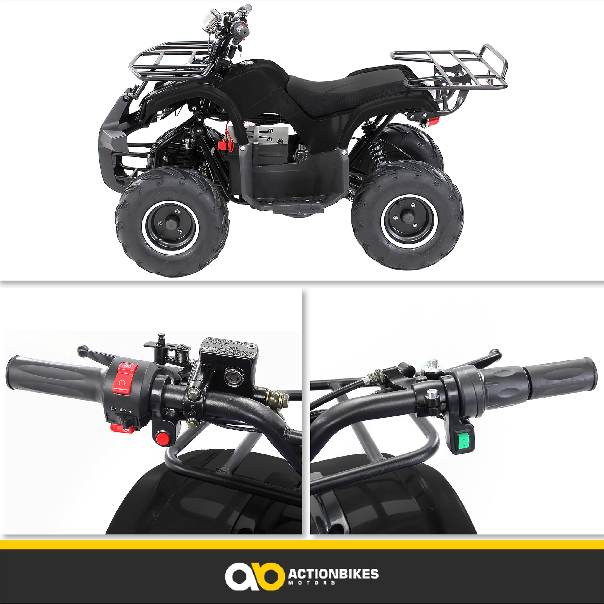 Actionbikes Motors Kinder Quad Elektro ATV S-8 Farmer | 𝟒𝟖 Volt 𝟭𝟬𝟬𝟬 Watt Motor bis 𝟐𝟬 km/h - Kinderquad - Pocket Quad - Scheibenbremsen - Miniquad - Für Kinder ab 8 Jahren (Schwarz)