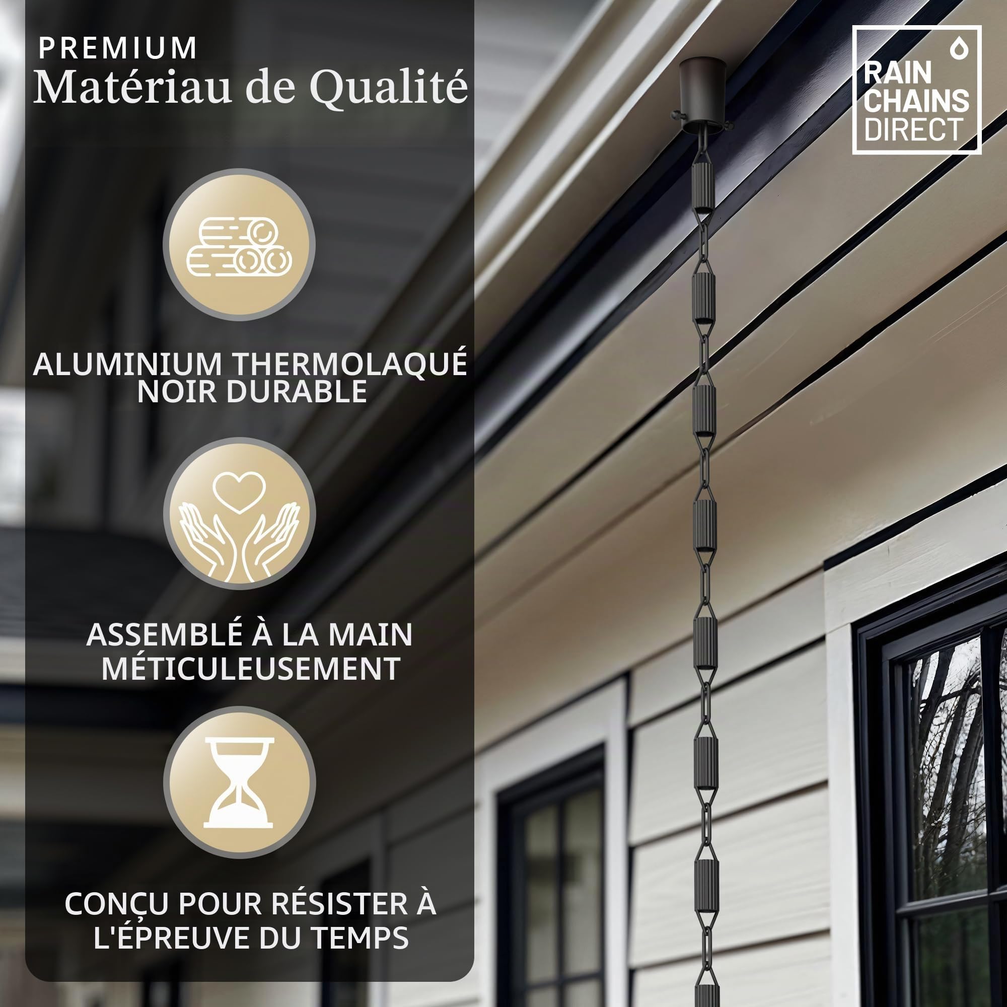 Rain Chains Direct Manicotti – Pièce de Rechange Fonctionnelle et décorative en Aluminium avec revêtement en Poudre Noire – Longueur 2,6 m