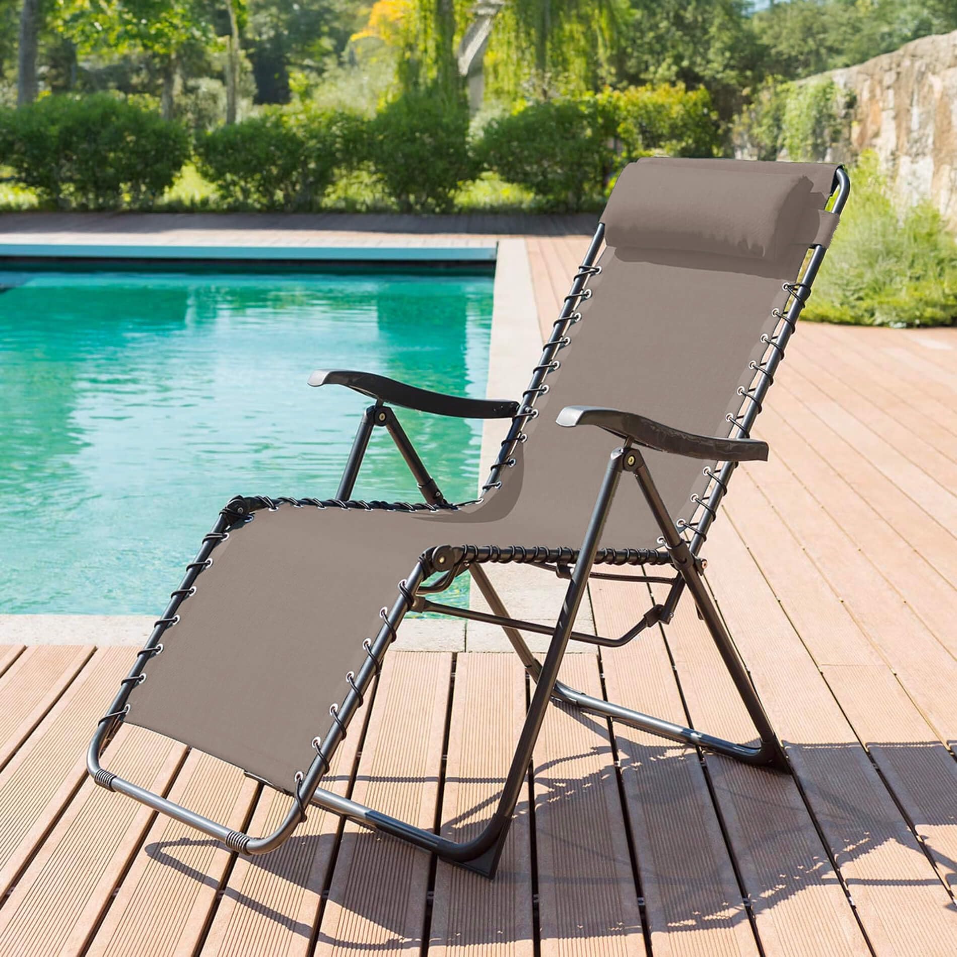 Rebecca Mobili Sdraio Gravità Zero, Chaise Longue Salvaspazio, Beige Grigio Scuro, Acciaio Poliestere, per Giardino Balcone - Misure HxLxP: 113 x 66 x 104 cm - Art. RE7151