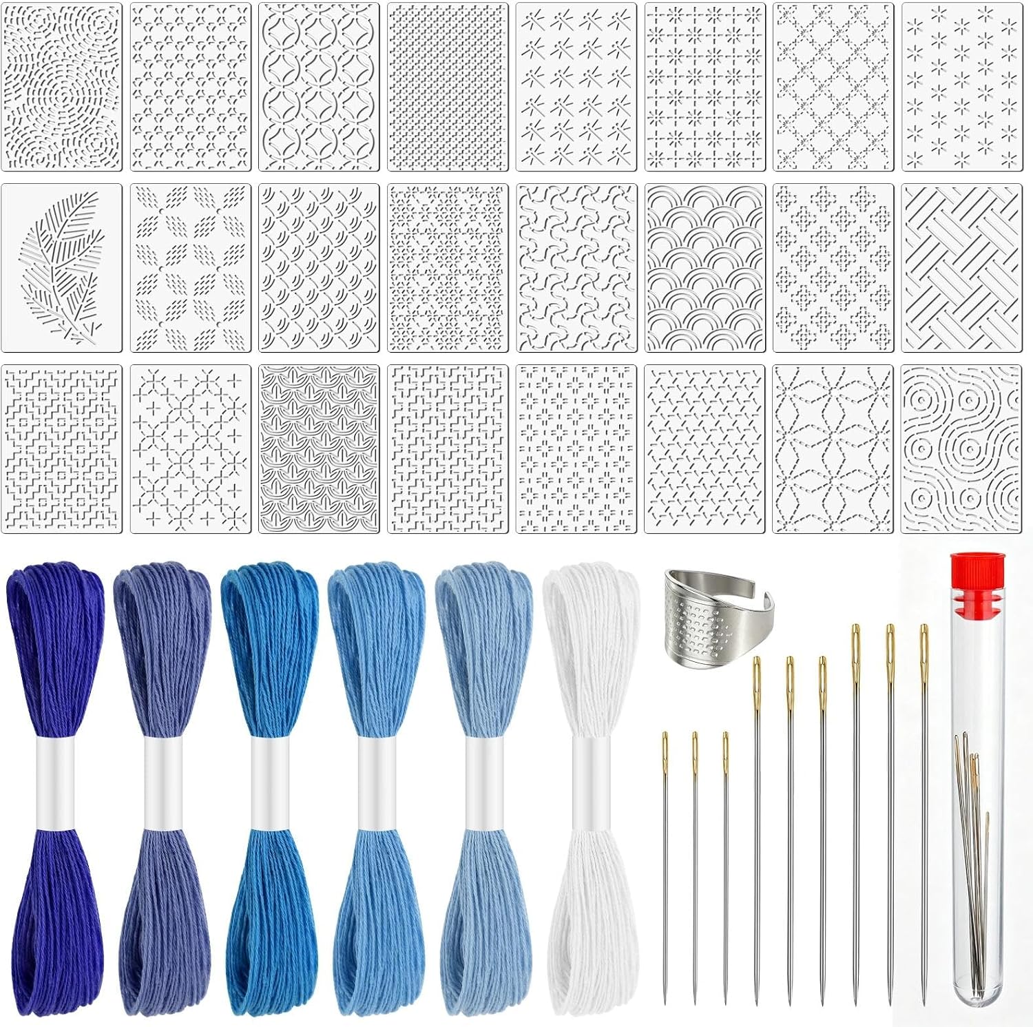 41Pcs Sashiko Stencil Kit, 8.3" x 5.9" Reusable Plastic Geometric Sashiko Templates with Cotton Thread, Needles, Thimble, Ideal for Hand Quilting & Embroidery Drawing, Blue