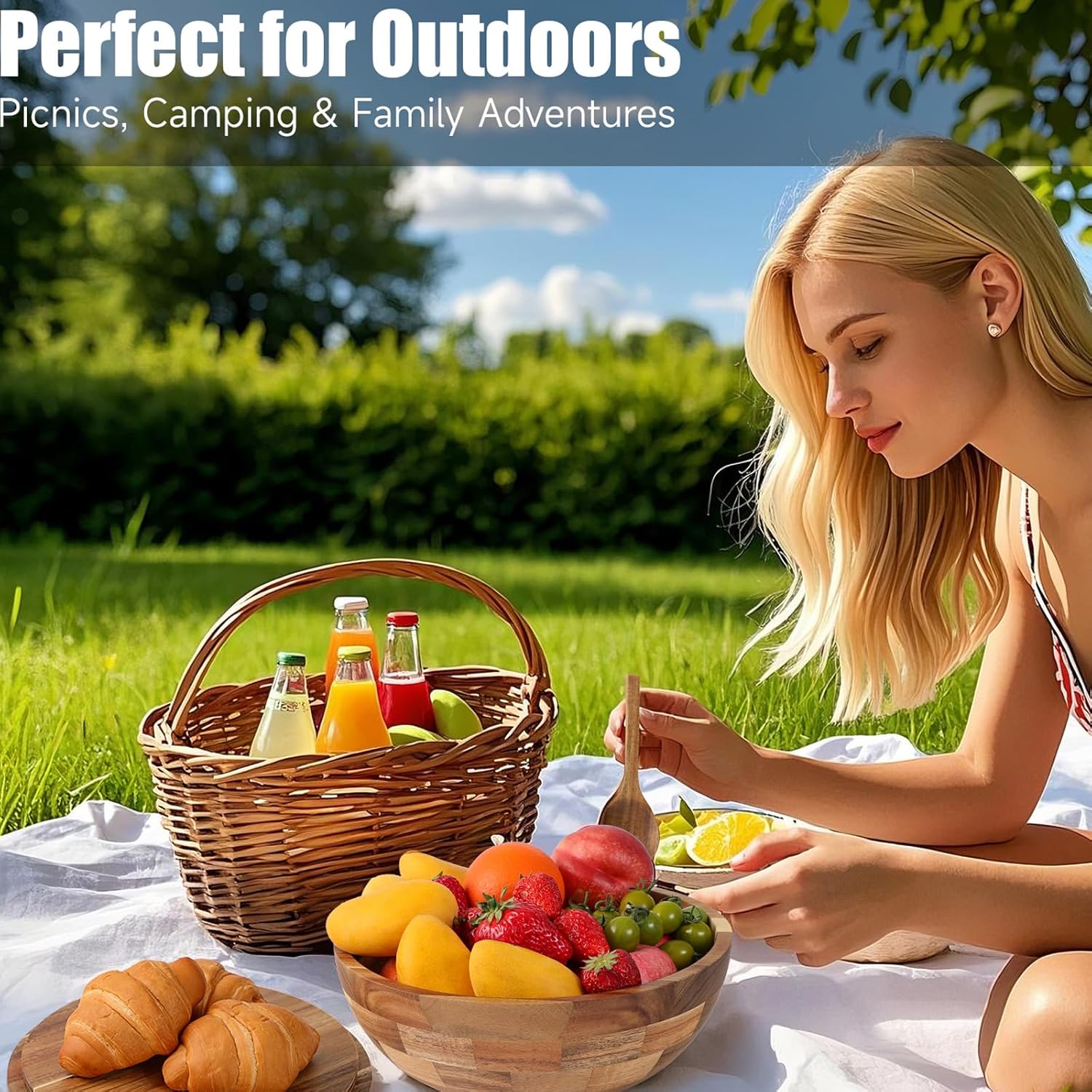 JOYMAY Salad Bowls Wood Salad Bowl Set with Lid 11.8 Inch Large Wooden Bowls Set Acacia Wood Serving-Bowl with Serving Utensils Bowl for Kitchen, Dining, Party - Image 3